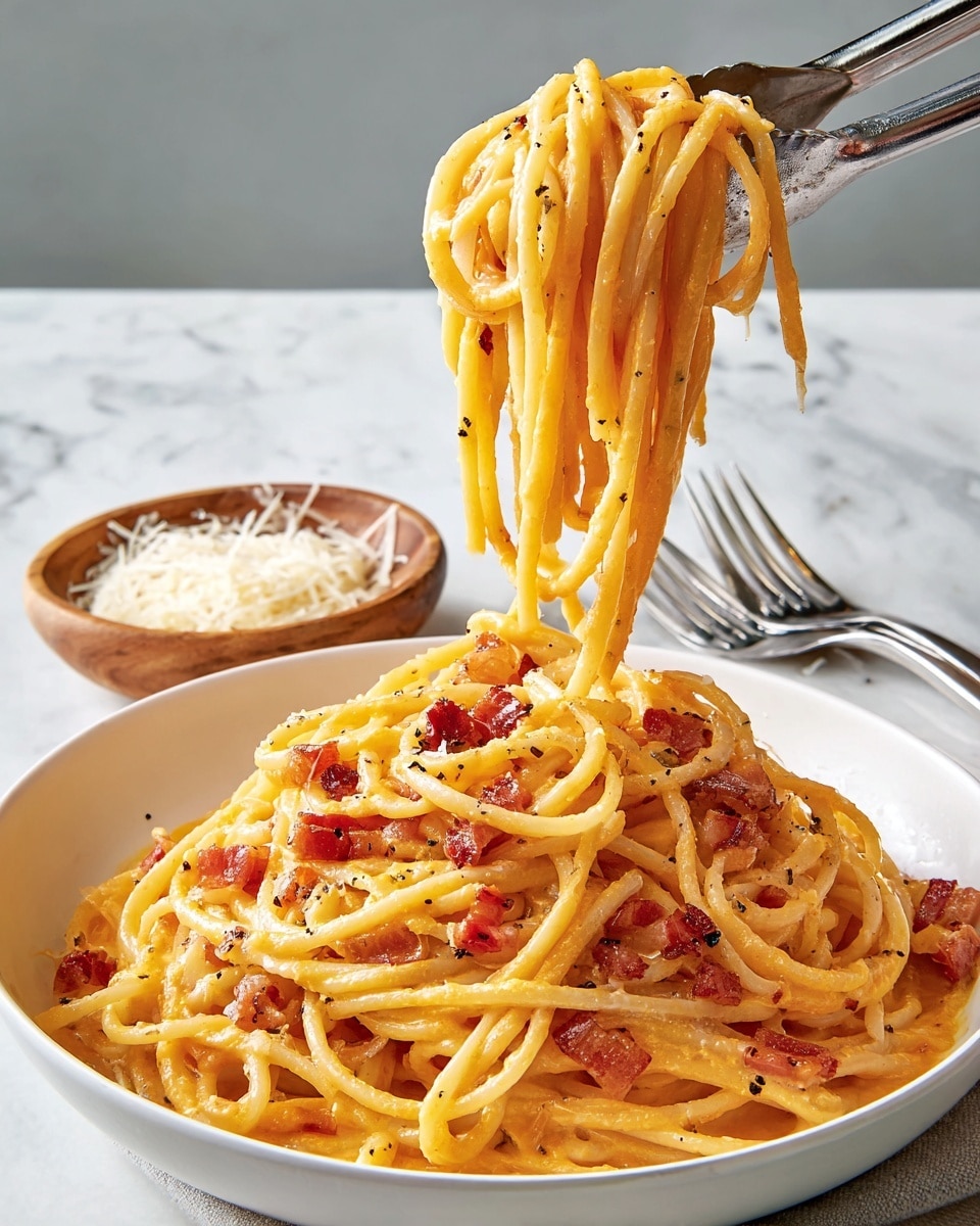 A large white bowl filled with creamy orange spaghetti mixed with small pieces of cooked bacon scattered evenly throughout the pasta. The spaghetti is coated in a smooth sauce with visible black pepper specks. A pair of silver tongs held by a woman's hand lifts a generous twirl of the spaghetti above the bowl, showing the long, thick strands. In the background, a small wooden bowl contains shredded white cheese, sitting on a white marbled surface. A fork and knife rest beside the bowl on the right side. Photo taken with an iphone --ar 4:5 --v 7