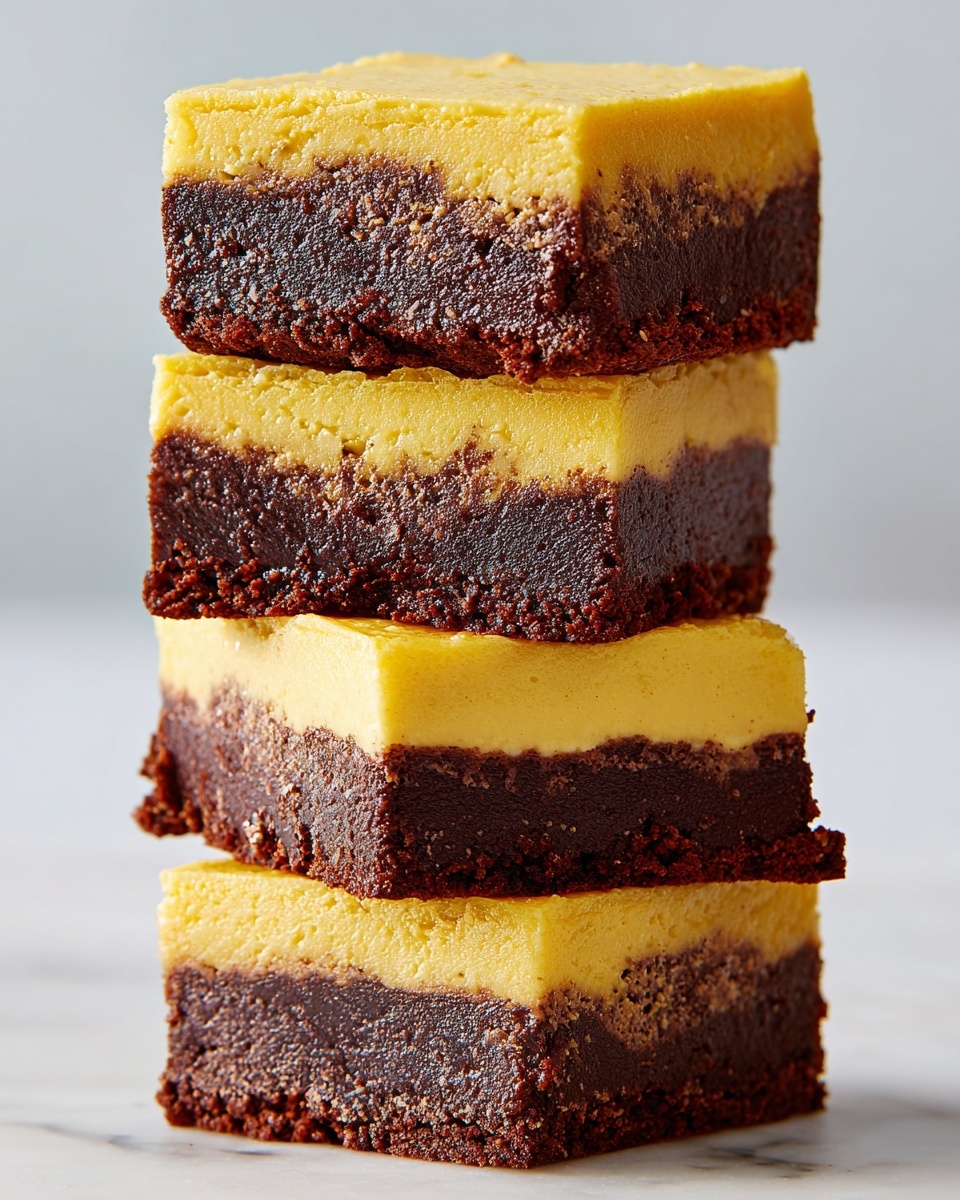 The image shows nine square pieces of a two-layer dessert arranged on a white marbled surface. Eight pieces are placed in a neat 3x3 grid, with the middle square missing but filled by one piece tilted slightly to show its two distinct layers. The top layer is smooth, light orange with tiny specks, while the bottom layer is dark brown and dense, resembling a chocolate base. Each piece has clean edges and a firm texture. photo taken with an iphone --ar 4:5 --v 7