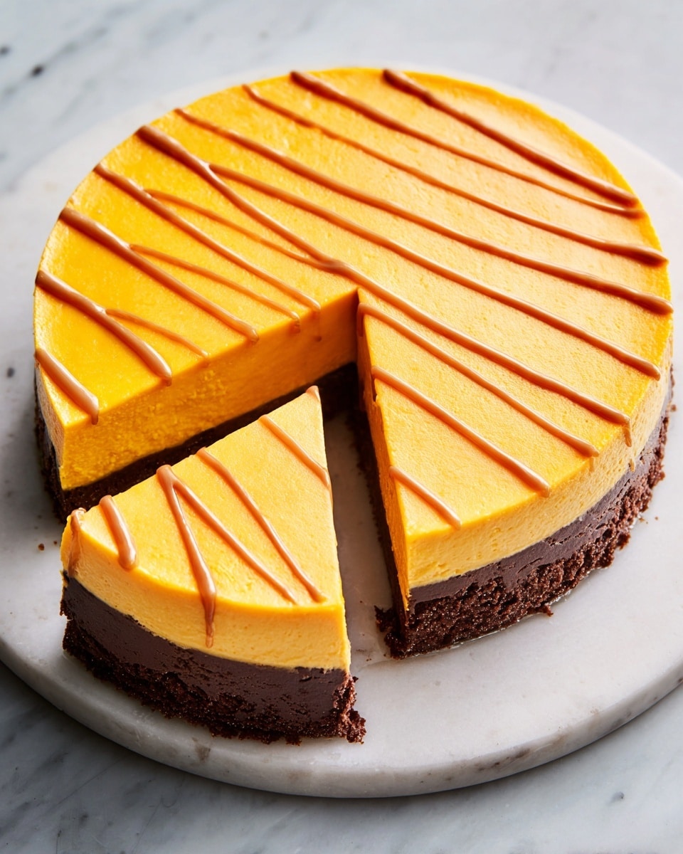 A two-layer round cake on a white marbled surface with one large slice and one smaller slice taken out. The bottom layer is dark brown and looks dense like a chocolate brownie. The top layer is thick and smooth with a bright orange color and a creamy texture. Thin lines of golden caramel sauce drizzle over the top layer and spill over the sides, some pooling on the white marbled surface. The cake rests on a white round board with a metal spatula lifting the smaller slice. Photo taken with an iphone --ar 4:5 --v 7