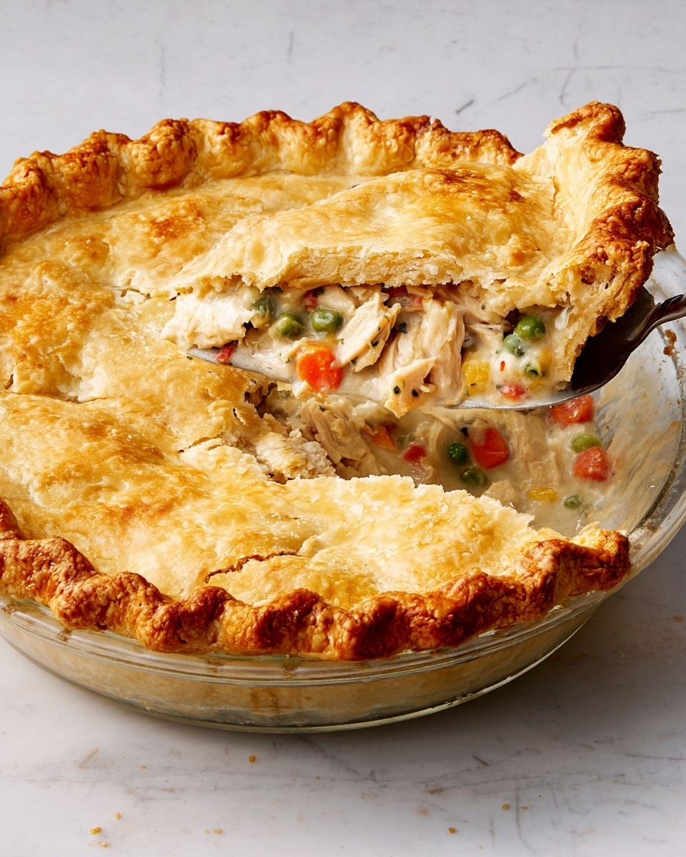 A golden-brown pie with a thick, flaky crust sits in a clear glass dish on a white marbled surface. The top crust is unevenly crimped around the edges. One slice is lifted by a pie server, revealing a creamy filling with visible chunks of white meat, orange carrot pieces, and green peas mixed together. The crust looks crispy and textured, while the filling appears soft and rich. The photo taken with an iphone --ar 4:5 --v 7