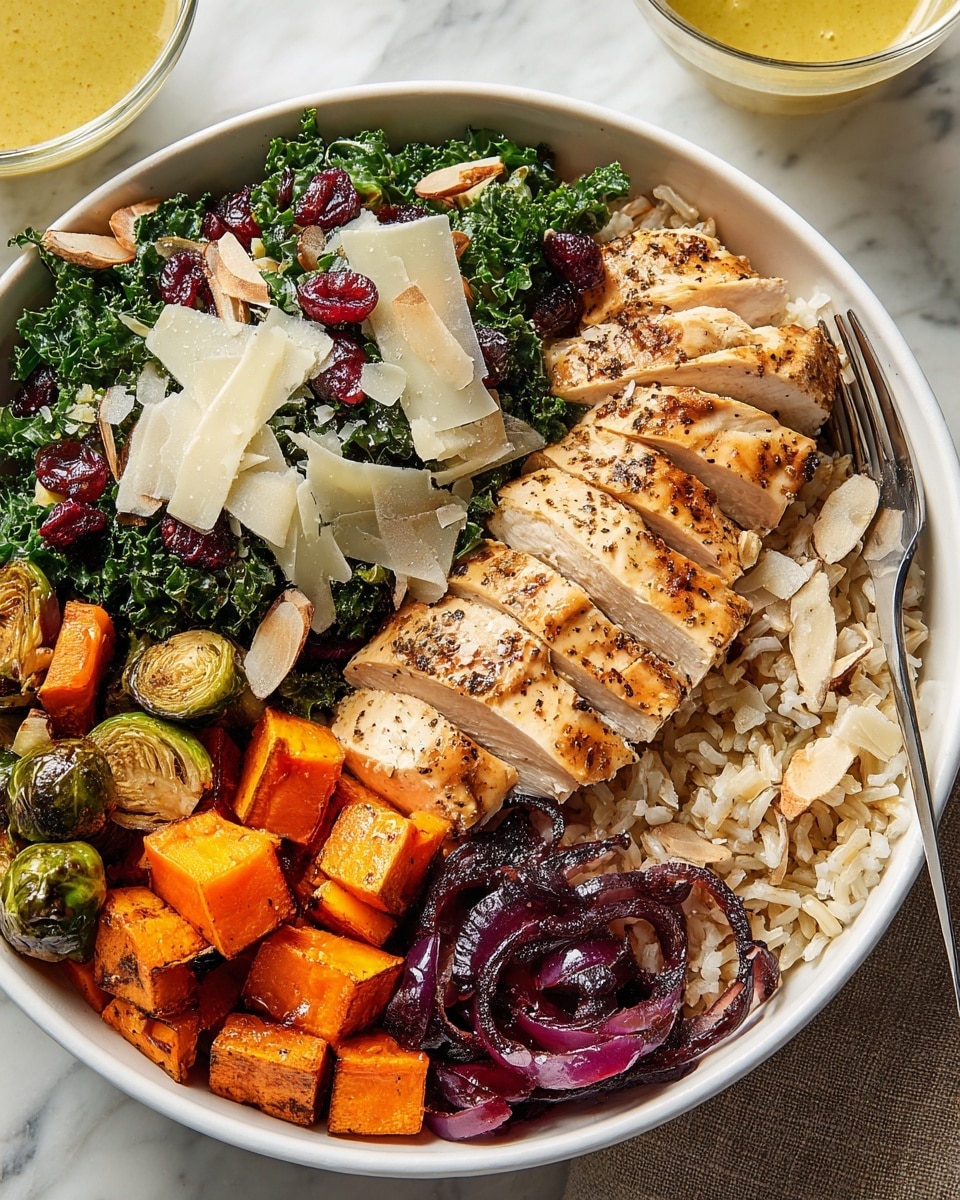 Two white bowls sit on a white marbled surface, each filled with four main layers. The bottom layer is light brown rice with a soft, grainy texture, padded around the edges. On top of the rice, there is a fresh layer of dark green kale with a rough leafy texture, mixed with small beige almond slices and thin light yellow cheese shavings. Next to the kale, there is a mix of roasted vegetables including bright orange sweet potato cubes, dark green Brussels sprouts, and purple onion slices with a slightly glossy finish. The top layer features sliced, golden brown cooked chicken with a slightly crispy, peppered surface placed neatly on one side of each bowl. A silver fork rests in the right bowl. Photo taken with an iphone --ar 4:5 --v 7