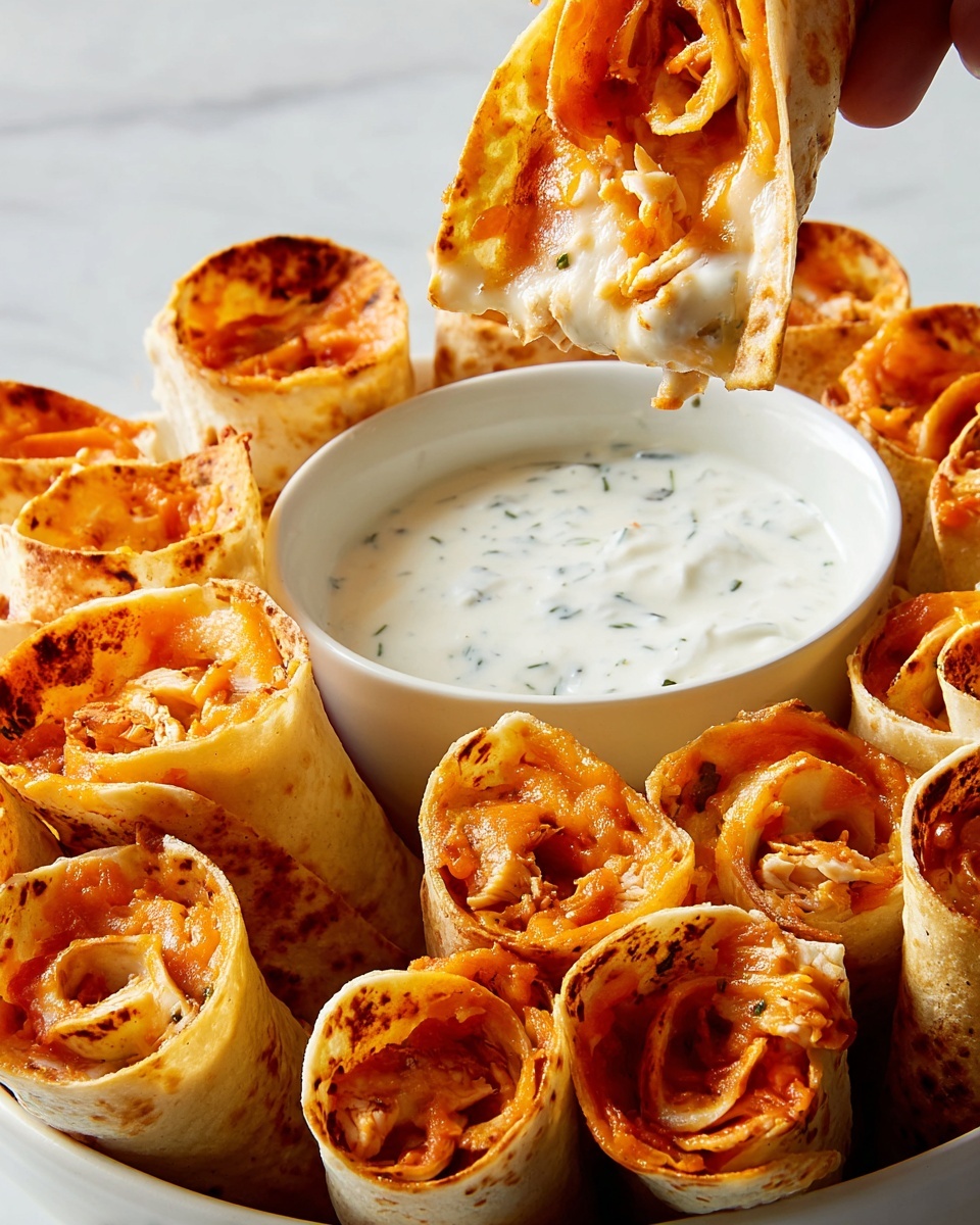 This image shows many rolled tacos arranged standing up closely together in a white bowl placed on a white marbled surface. The rolled tacos have a golden-brown crispy outer layer with melted orange cheese and some red sauce inside, visible through the spirals. In the middle of the bowl is a small white bowl filled with creamy white sauce with green herb bits. A woman's hand is dipping one rolled taco into the sauce, capturing the moment the creamy sauce drips slightly. The background is a simple white marbled texture. photo taken with an iphone --ar 4:5 --v 7