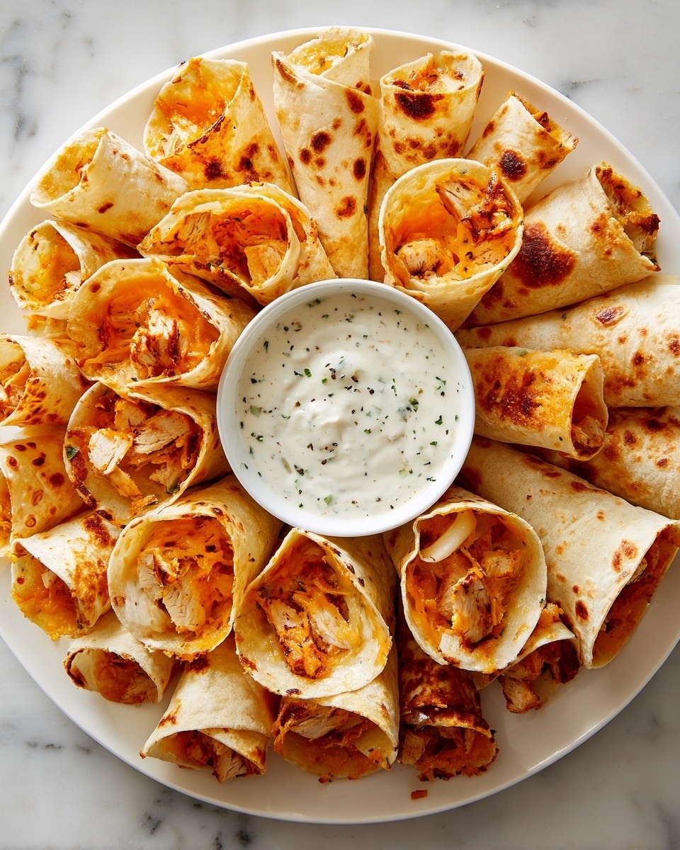 A white round plate filled with a single layer of rolled tortilla cones standing upright in a circular pattern. The tortillas are golden brown with crispy edges and are filled with melted orange-yellow cheese that peeks out, showing texture with some crispy bits. At the center of the plate is a small white bowl filled with creamy white dipping sauce, speckled with green herbs. The plate is placed on a white marbled surface, and some scattered pieces of melted cheese are around the plate. photo taken with an iphone --ar 4:5 --v 7