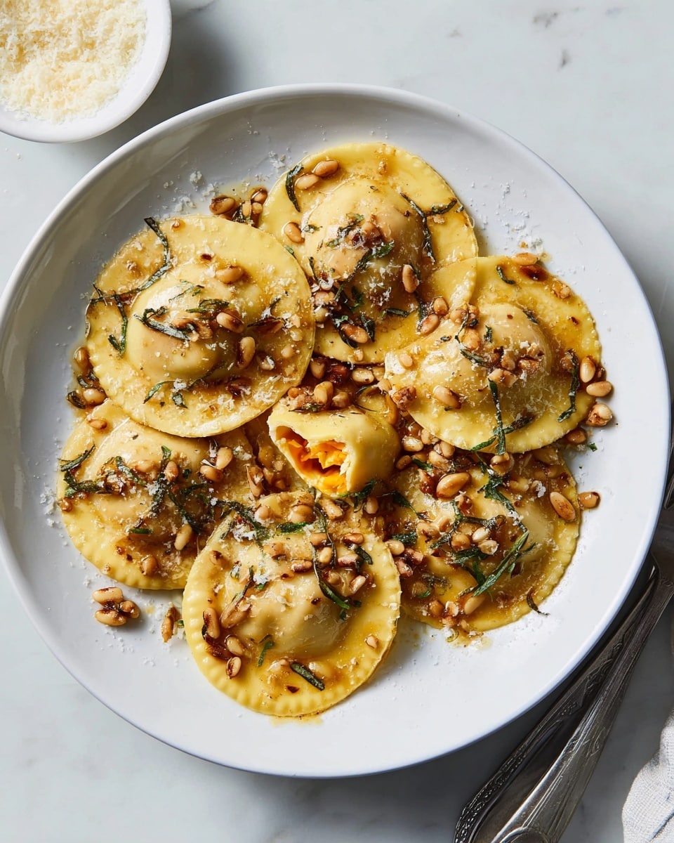 The image shows a white plate filled with round ravioli pieces, each with a light golden-yellow dough. The ravioli are topped with a brownish sauce that has visible small toasted nuts and fresh green herbs scattered over them. The edges of the ravioli are pressed down, showing a slightly darker golden stroke. One ravioli is broken open, revealing an orange filling inside. The plate sits on a white marbled surface with a small white bowl containing grated cheese near the top left corner. Photo taken with an iphone --ar 4:5 --v 7