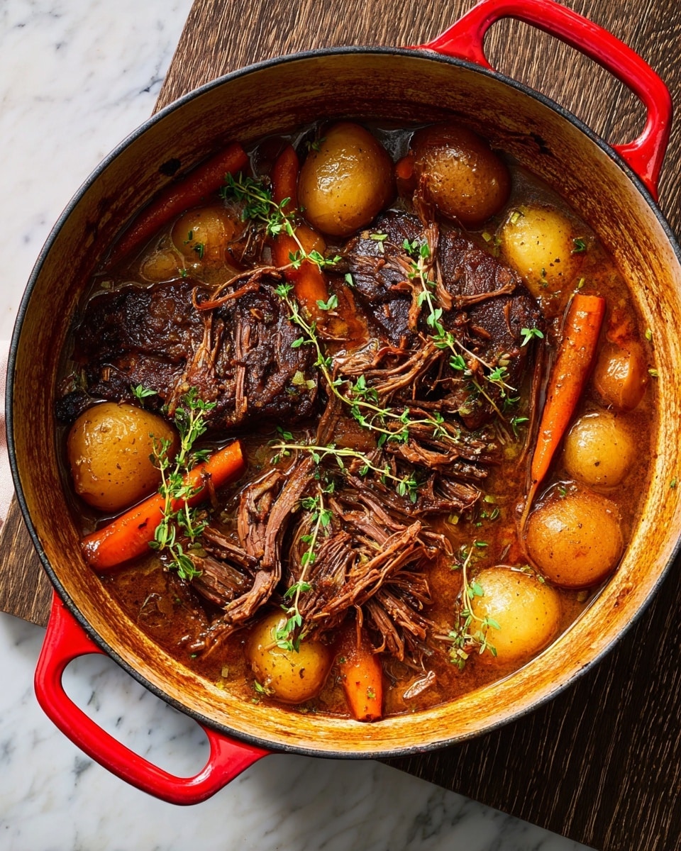 A round red pot filled with a cooked stew showing three large pieces of dark brown shredded beef with a fibrous texture, surrounded by light brown small potatoes and bright orange carrot pieces. The stew has some light brown sauce pooling at the bottom, and fresh green herb sprigs are scattered on top, adding a pop of color. Two forks rest inside the pot, one with shredded beef wrapped around its tines. The pot is placed on a white marbled surface. photo taken with an iphone --ar 4:5 --v 7