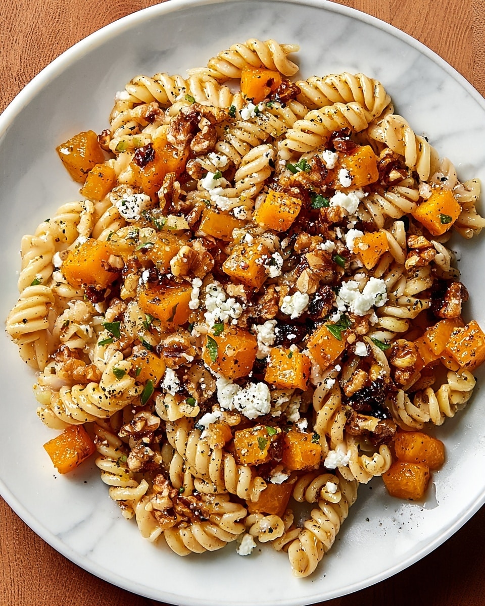 A plate of twisted pasta sits on a white plate with a white marbled texture underneath. The pasta is mixed with golden-brown roasted butternut squash cubes scattered evenly throughout. Small pieces of toasted walnuts are spread over the top, adding a rough texture and light brown color. Crumbled white cheese is sprinkled over the pasta, contrasting with the warm hues. Tiny green herb bits are scattered throughout, giving a fresh look. The dish looks cozy and well-seasoned, with some black pepper visible on the ingredients. photo taken with an iphone --ar 4:5 --v 7