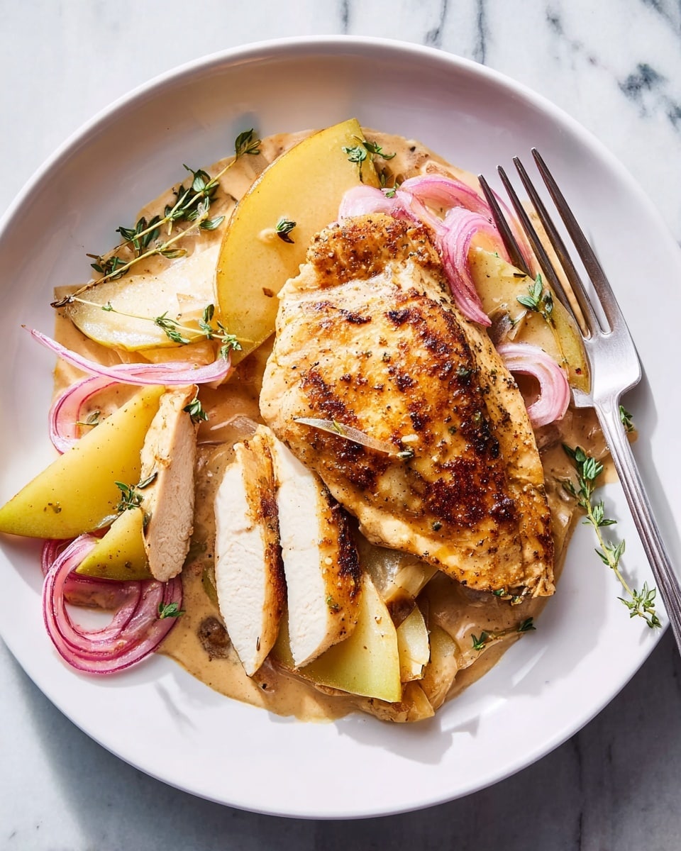 A black pan holds five cooked chicken pieces with light brown grill marks and a creamy sauce covering them. Scattered around and on top are slices of yellow-green apple and thin rings of purple onion. Fresh small green herb sprigs are placed on the chicken and throughout the sauce, adding a touch of green. The sauce looks smooth and creamy, pooling at the bottom around the chicken and fruit. The pan rests on a white marbled surface with soft lighting that highlights the textures and colors, creating a warm, inviting look. photo taken with an iphone --ar 4:5 --v 7