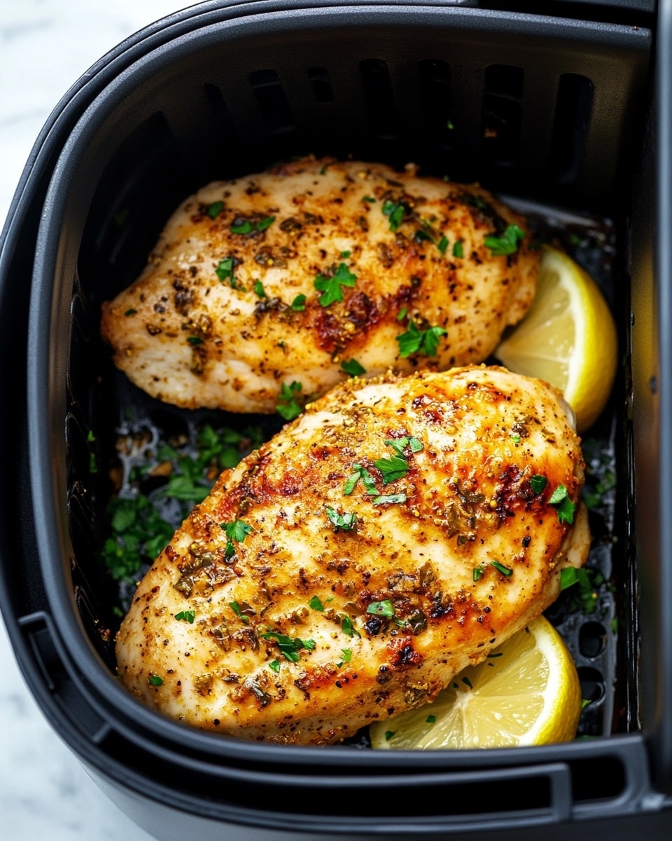The image shows two pieces of cooked fish with a golden brown, lightly crispy texture and small green herb bits sprinkled on top. The fish is placed in a white rectangular baking dish with black inside, and two lemon wedges lay next to the fish on the right side. The dish is set on a white marbled surface. In the background, there is a small blurred plate with green herbs and a lemon wedge. The overall look is fresh and appetizing, with warm colors on the fish and bright yellow from the lemon. photo taken with an iphone --ar 4:5 --v 6.1
