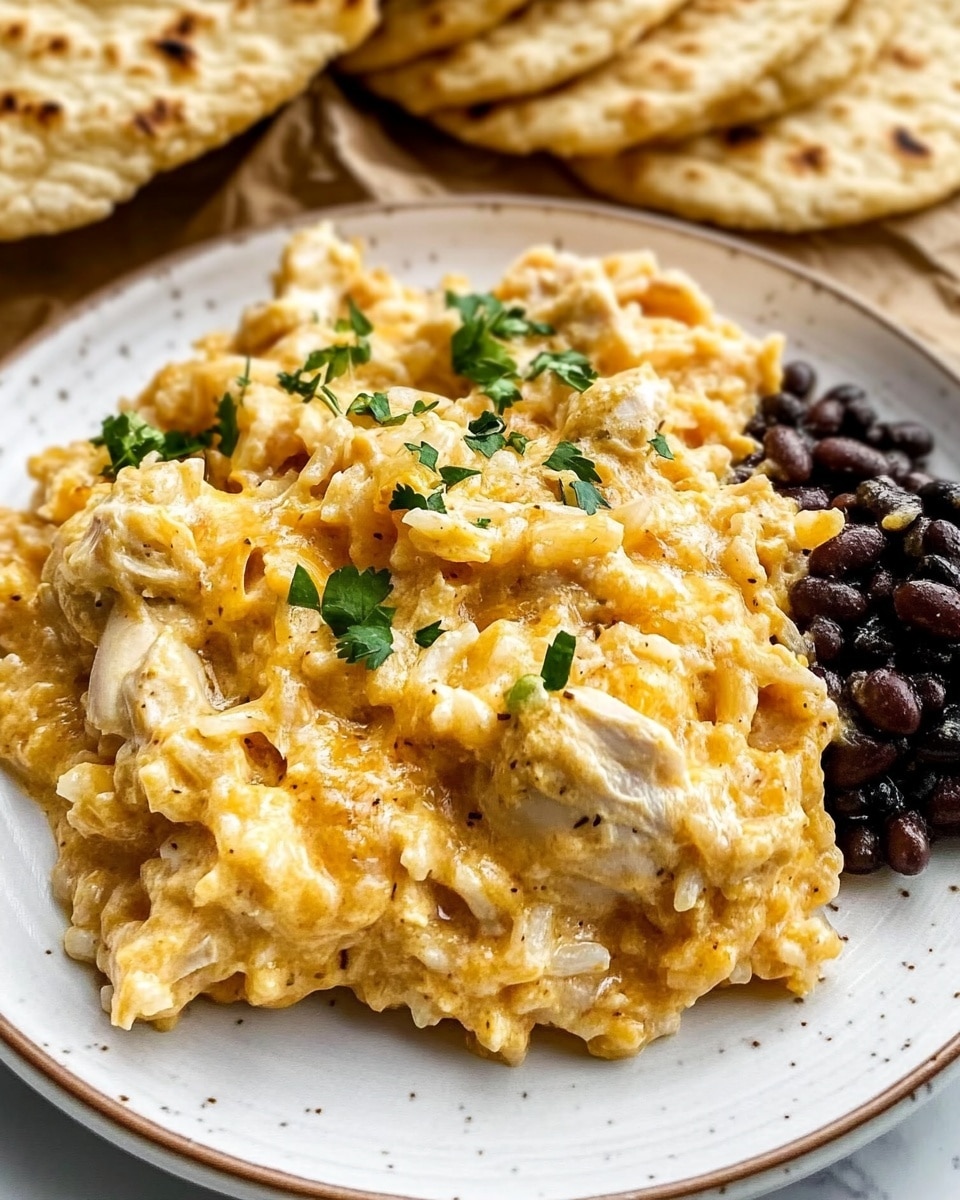 The image shows two white plates with black dotted edges on a white marbled surface. Each plate has two main layers: scrambled yellow eggs mixed with pieces of golden brown chicken layered on one side, and black beans with a shiny, slightly moist texture on the other side. The scrambled eggs look soft and fluffy, and the chicken pieces are tender and coated with a light sauce. One plate is seen fully, while the edge of the second plate is partly visible at the top. A silver fork rests on the egg side of the main plate. The overall colors are warm yellow from the eggs, dark black from the beans, and golden brown from the chicken. Photo taken with an iphone --ar 4:5 --v 6.1