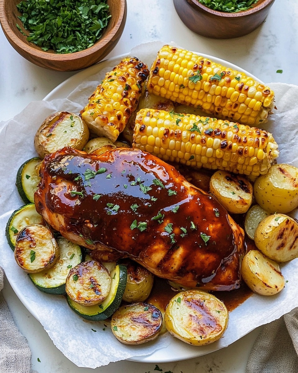 The image shows a white plate lined with printed paper holding a grilled chicken piece covered with shiny, dark red BBQ sauce and sprinkled with small green herb flakes on top. Surrounding the chicken are three bright yellow corn on the cob pieces with slight grill marks, sliced green zucchini with a soft texture, small round brown potatoes, and whole brown mushrooms, all sprinkled with chopped green herbs. The plate is on a white marbled surface, with a dark wooden knife handle visible on the right side and a bowl of chopped green herbs blurred in the background. photo taken with an iphone --ar 4:5 --v 6.1