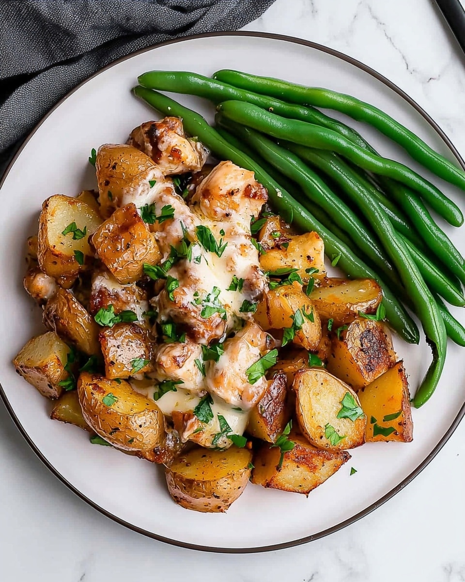 The dish shows a close-up of several pieces of cooked chicken and red-skinned potato chunks in a pan, all covered with melted creamy white cheese that stretches lightly between the pieces. The chicken has a golden brown color with a soft texture, and the red potatoes have a roasted, slightly crispy surface. Small green parsley leaves are scattered on top, adding a bright contrast to the warm earth tones. The food sits on a dark pan surface, making the colors of the chicken, potatoes, cheese, and herbs stand out clearly. photo taken with an iphone --ar 4:5 --v 6.1