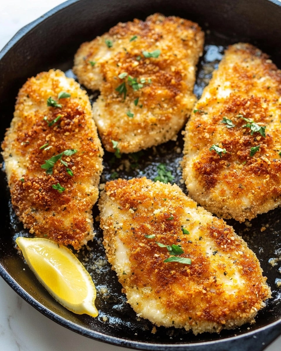 The image shows four golden brown breaded chicken pieces in a black cast iron skillet. Each piece has a crispy, textured coating with small green herb sprinkles on top. A lemon wedge is placed near the bottom left piece, adding a fresh yellow accent. The skillet sits on a surface with a white marbled texture, creating a clean and bright background. photo taken with an iphone --ar 4:5 --v 6.1