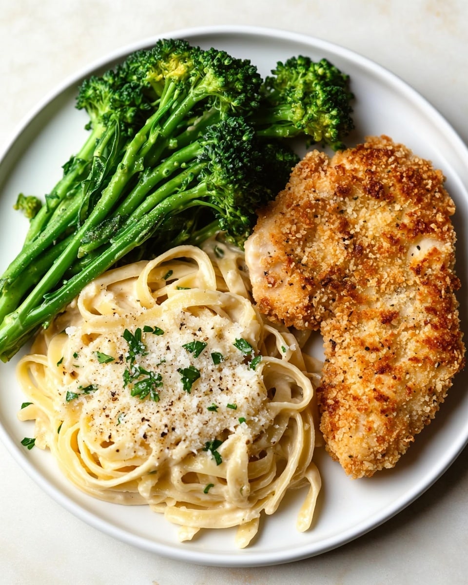 A white plate holds three main parts: on the right side, there is a golden brown crispy breaded chicken piece with a crunchy texture and some small green herb sprinkles; on the left side, a small pile of creamy fettuccine pasta coated in a light beige sauce, topped with a sprinkle of grated white cheese and black pepper; at the top left, several bright green broccolini stalks with a firm, fresh look. The plate sits on a white marbled surface. photo taken with an iphone --ar 4:5 --v 6.1