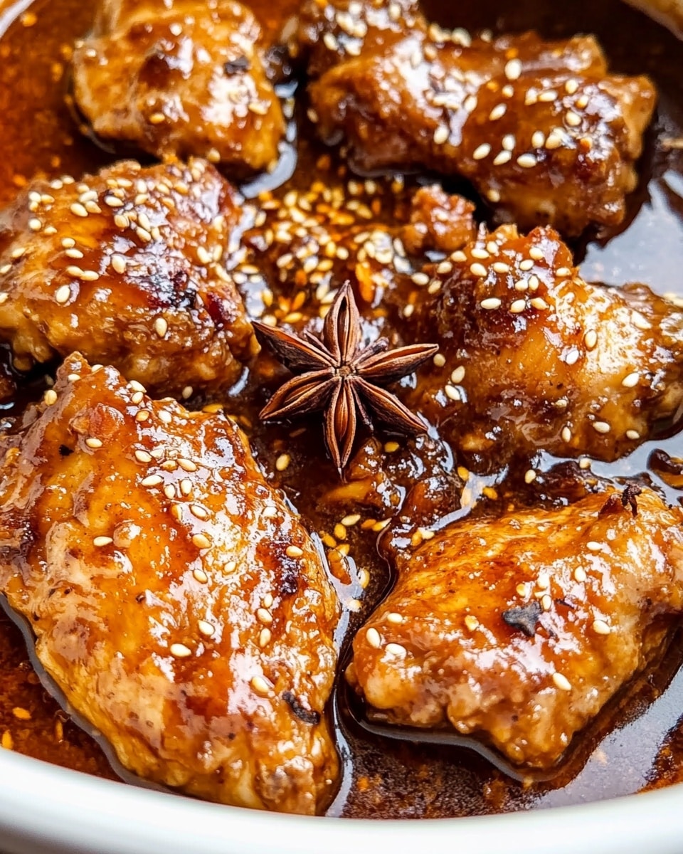 The image shows several pieces of browned meat coated with a thick, rich brown sauce in a white dish. The meat is covered with toasted sesame seeds, giving a textured, speckled look on top. The sauce is a warm orange-brown color, glossy and smooth, spreading evenly around the meat pieces and pooling slightly in the dish. A single star anise, dark brown with pointed segments, sits in the sauce near the center, adding an interesting detail. The dish is set against a background with a white marbled texture that softly contrasts with the food. Photo taken with an iphone --ar 4:5 --v 6.1