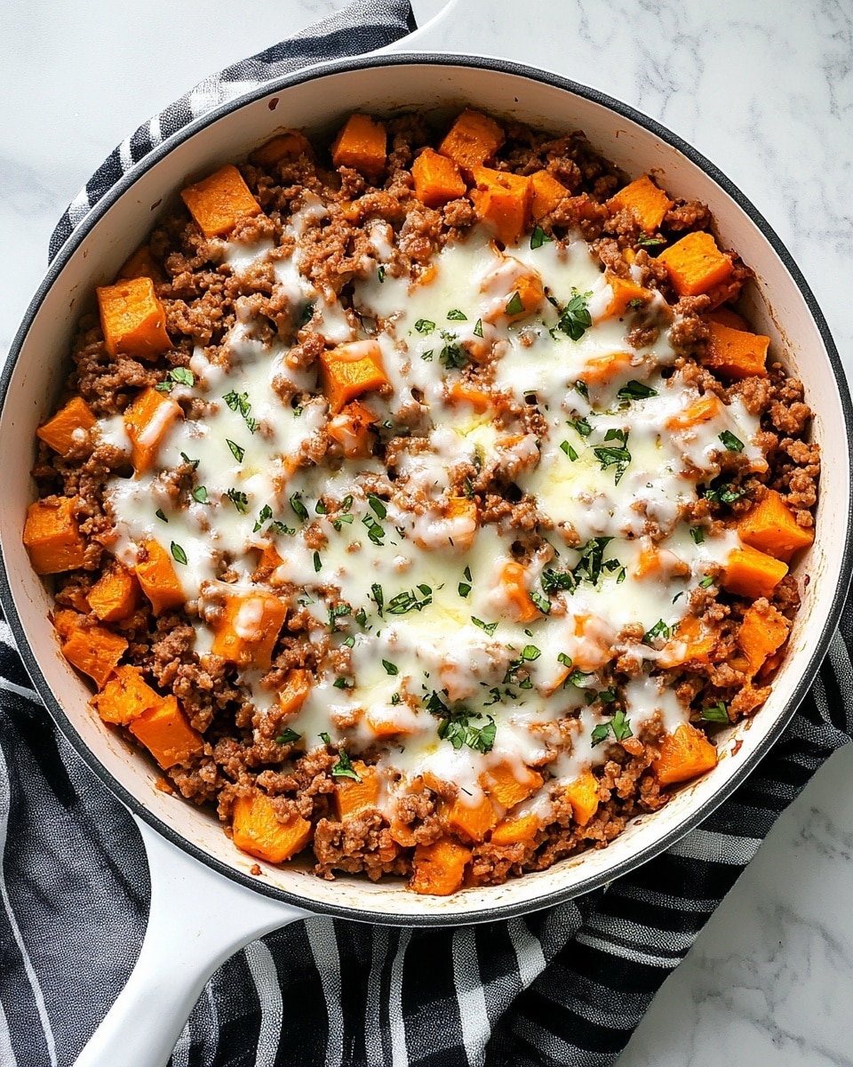 A white skillet filled with a mix of cooked ground meat and small orange sweet potato cubes. The dish has three layers: the bottom layer is browned ground meat with a crumbly texture, the middle layer consists of soft, bright orange sweet potato pieces, and the top layer is melted white cheese scattered unevenly over the meat and potatoes. Small green herb bits are sprinkled on top, adding color contrast. The skillet sits on a black-and-white striped cloth on a white marbled surface. Photo taken with an iphone --ar 4:5 --v 6.1