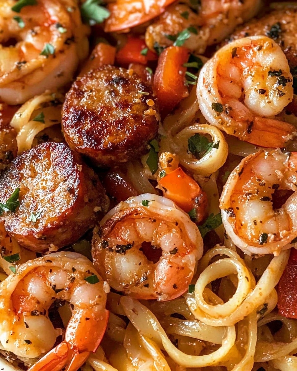 A pan filled with a pasta dish showing three main layers: the base layer consists of light tan, thick fettuccine noodles twisted and mixed evenly, the middle layer has medium brown round slices of sausage scattered throughout along with several orange shrimp, and the top layer features chopped green herbs and small red bell pepper pieces adding color and texture. The pasta and other ingredients have a slightly oily, shiny coating with specks of black seasoning. The pan is metallic with a handle visible, placed on a white marbled surface. photo taken with an iphone --ar 4:5 --v 6.1