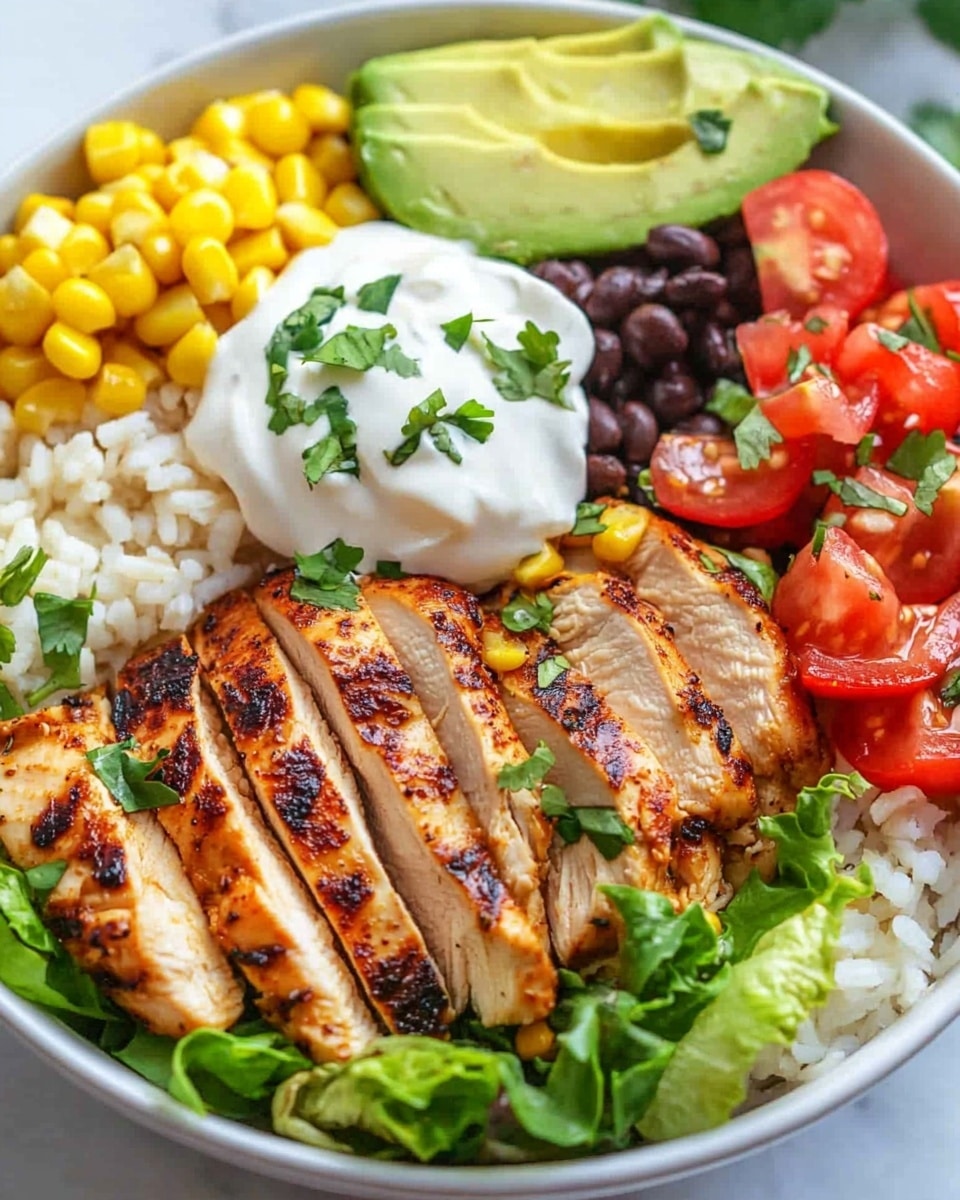A white bowl is arranged with five main layers visible from above. At the bottom is a bed of green leafy lettuce, topped with a sliced grilled chicken layer showing a golden-brown grilled texture with grill marks, positioned at the front. To the left is a section of yellow corn kernels and a small scoop of light brown rice placed next to it. Above the chicken in the top center is a sliced green avocado with a dollop of white sour cream on top, sprinkled with some black pepper and green herbs. To the right, there are three more layers: chopped red tomatoes with green jalapeno pieces, a small section of thinly sliced light purple onion rings, and black beans. The bowl is set on a white marbled surface with scattered green herbs nearby. Photo taken with an iphone --ar 4:5 --v 6.1
