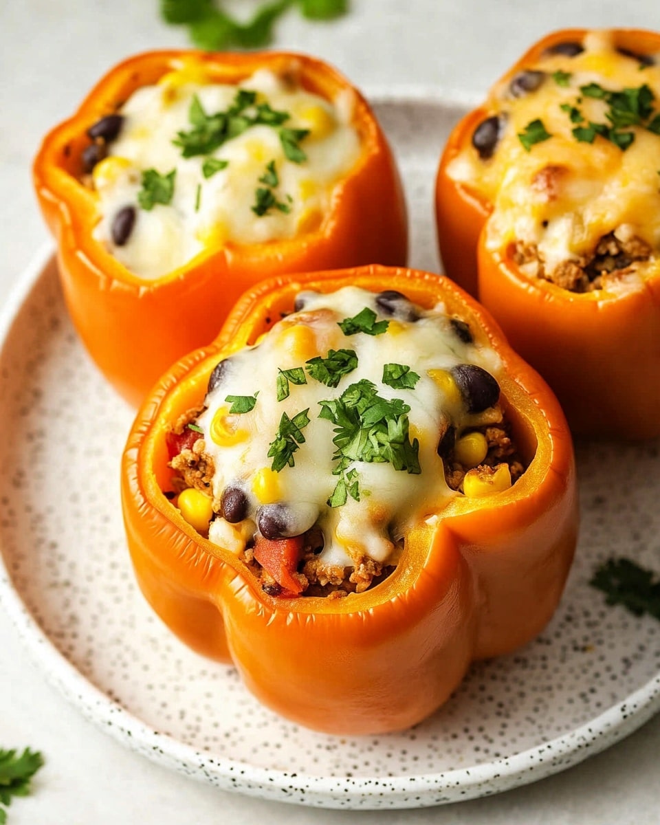 The image shows six bell peppers, three red and three yellow, each hollowed out and filled with a mixture of cooked ground meat, black beans, corn, and some rice or grain. The filling is topped with melted cheese that is slightly browned and bubbly, creating a creamy texture on top. Fresh green chopped herbs are sprinkled over the peppers, adding a touch of color and freshness. The peppers are placed close together in a white dish, resting on a white marbled surface. The photo taken with an iphone --ar 4:5 --v 6.1