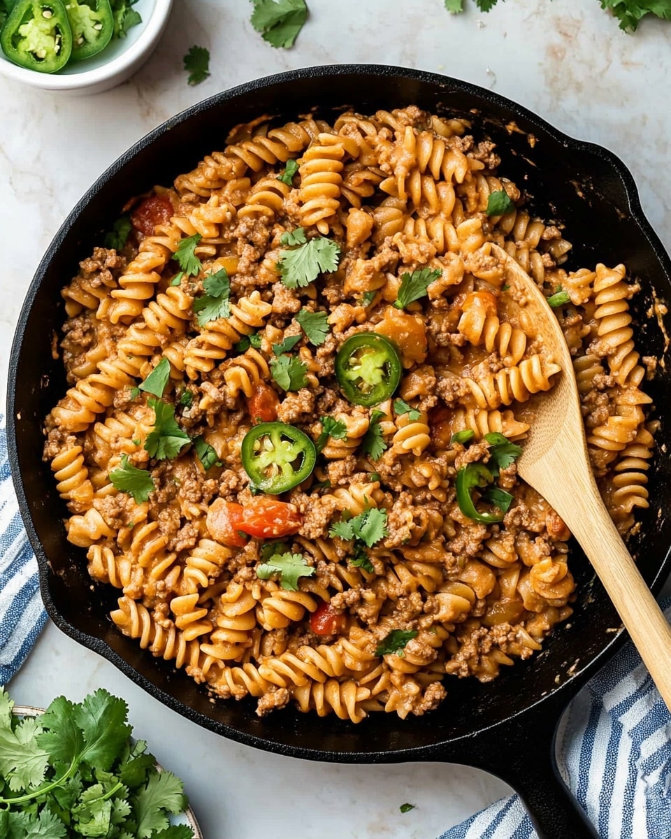 A black cast iron skillet filled with creamy rotini pasta mixed with ground meat, small chunks of tomatoes, and sprinkled green cilantro leaves on top. The pasta is coated in a light orange sauce with visible black pepper. A wooden spoon rests inside the skillet on the right side. On the white marbled surface around the skillet, there is a small white bowl with sliced green jalapeños at the top, a white bowl with chopped green cilantro on the left, a blue and white striped cloth at the bottom left corner, and a few scattered cilantro leaves. photo taken with an iphone --ar 4:5 --v 6.1
