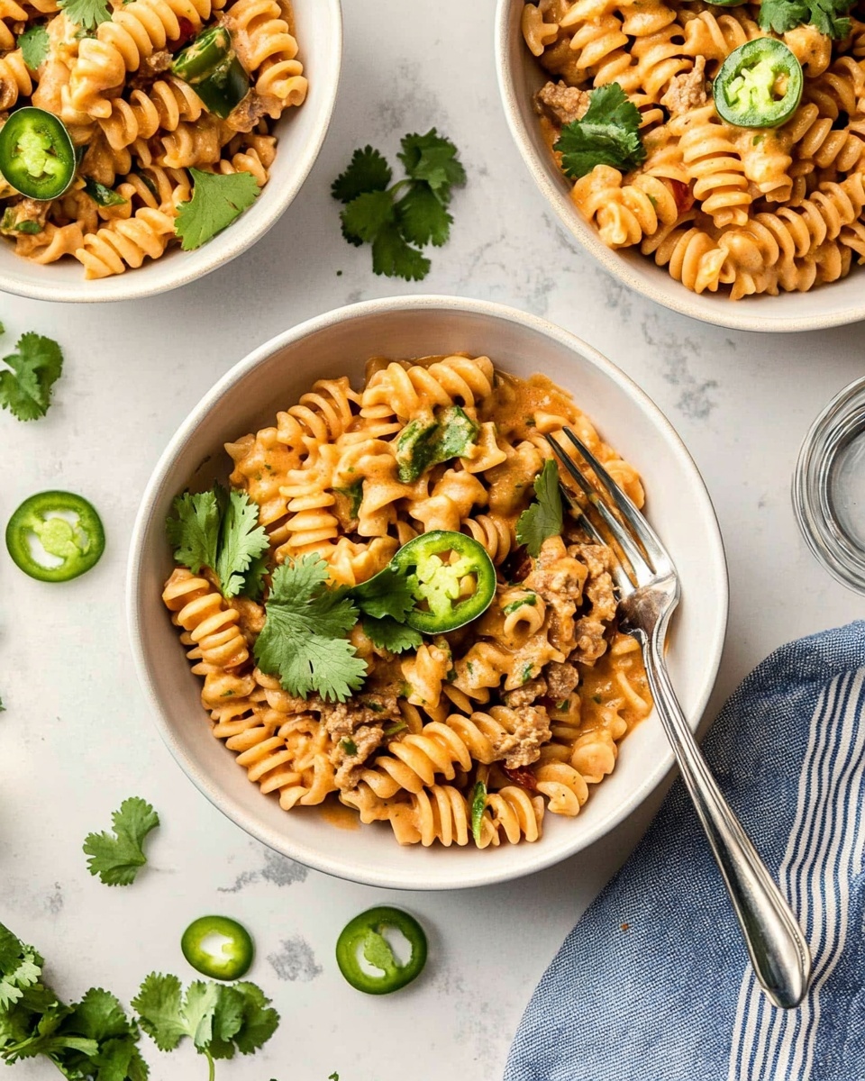 The image shows three white bowls of creamy pasta with rotini noodles in a light orange sauce mixed with small pieces of meat and chopped tomatoes. Each bowl’s pasta is topped with fresh green cilantro leaves and several slices of bright green jalapeño peppers. A silver fork rests on the right side of the pasta in the center bowl. Around the bowls, there are loose cilantro leaves and jalapeño slices scattered on a white marbled surface, with a clear glass of water and a blue and white striped cloth in the corners. Photo taken with an iphone --ar 4:5 --v 6.1