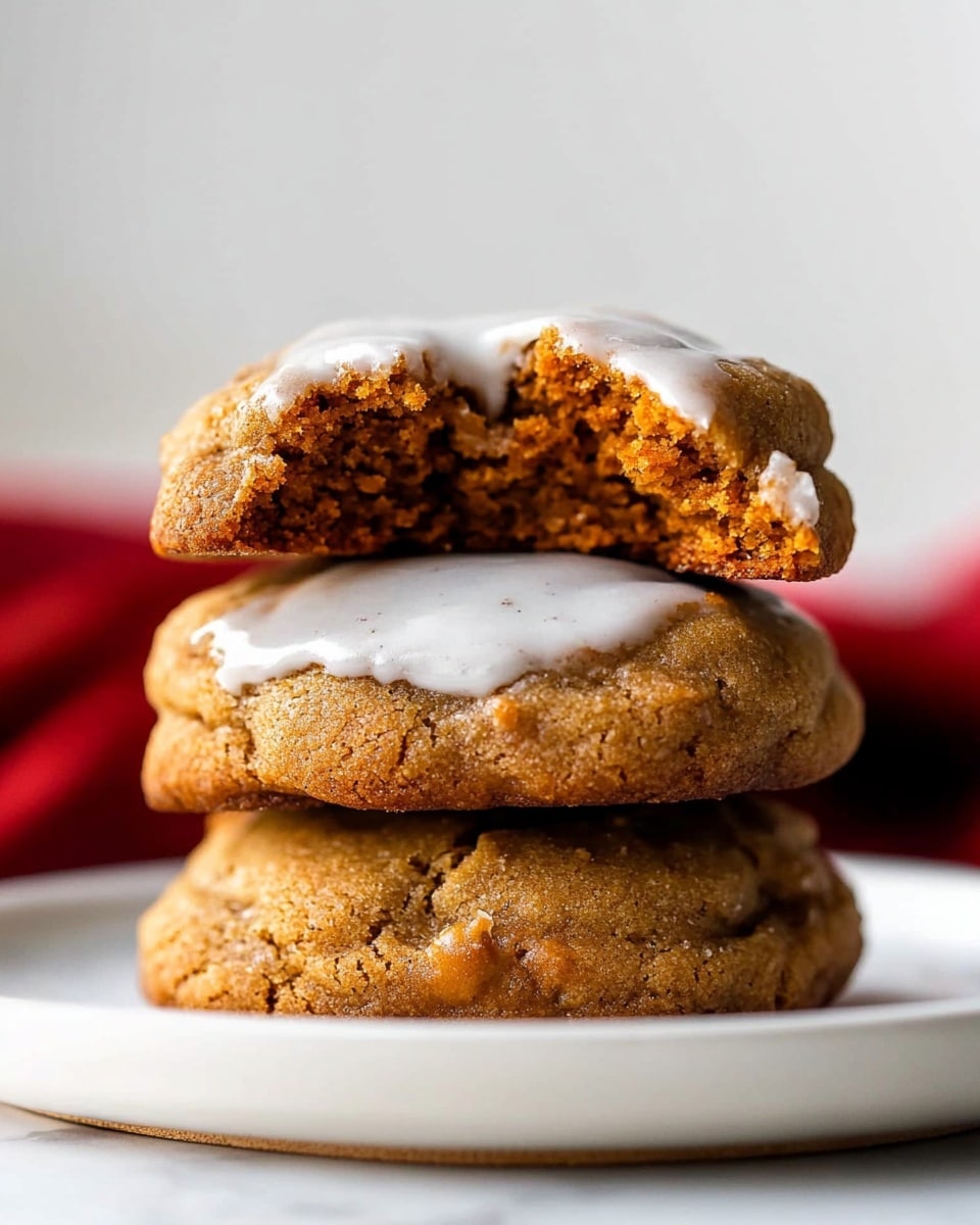 A close-up of a stack of three soft, thick cookies on a white plate. The bottom two cookies are whole, showing a rough, slightly cracked brown surface with a warm golden-brown color. The top cookie has a white glaze layer on top and is broken in half, revealing a soft, moist, and crumbly orange-brown inside texture. The background is a white marbled texture with a blurred red cloth in the distance. Photo taken with an iphone --ar 4:5 --v 6.1