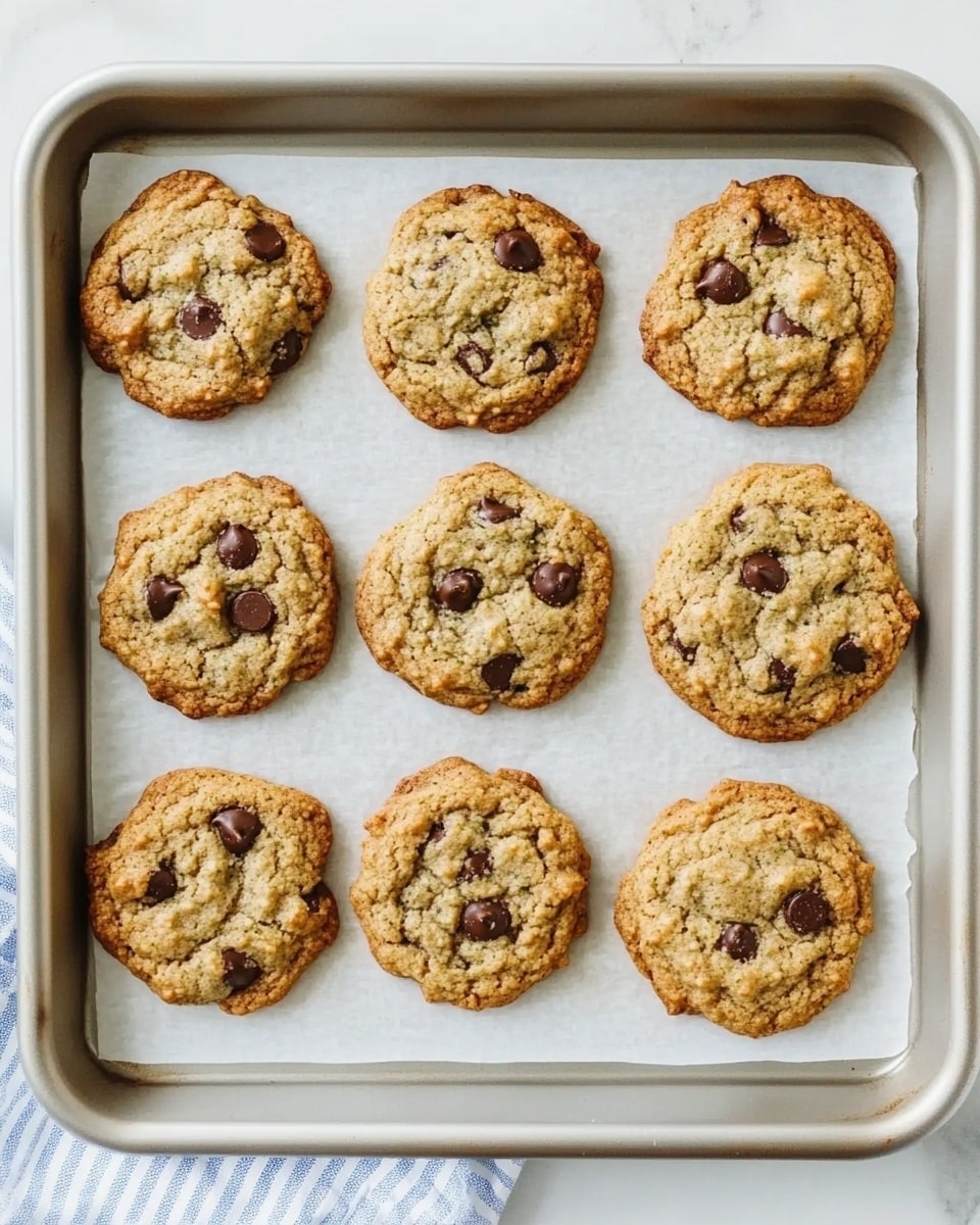 The image shows a white round plate holding five light brown cookies with chocolate chips on top, each cookie dotted with a few shiny, darker chocolate pieces and small green flecks that look like shredded zucchini. The plate is on a white marbled surface with some cookie crumbs scattered around, and a broken cookie at the bottom left of the image reveals a soft texture inside. To the top left, two whole zucchinis are partly visible, and at the bottom right, a piece of cloth with blue and white stripes lies near the plate. Photo taken with an iphone --ar 4:5 --v 6.1
