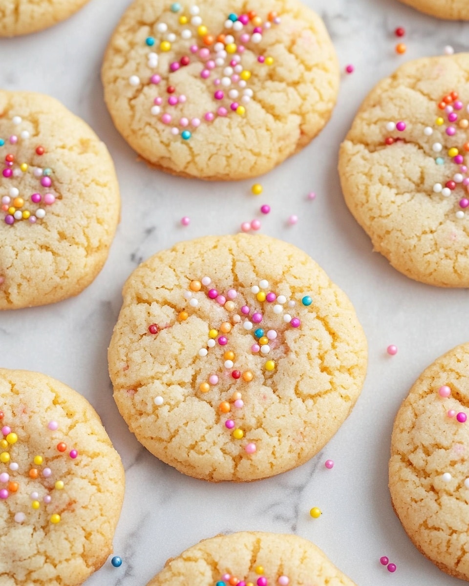 A stack of seven round, light beige cookies with a slightly cracked surface, each topped with small colorful round sprinkles in red, purple, green, yellow, white, and orange. The cookies have a soft, crumbly texture and are placed on a white marbled surface. More cookies with the same look are spread out loosely around the stack, also sprinkled with the small colorful balls. The background is bright white, with soft light highlighting the cookie edges. photo taken with an iphone --ar 4:5 --v 6.1