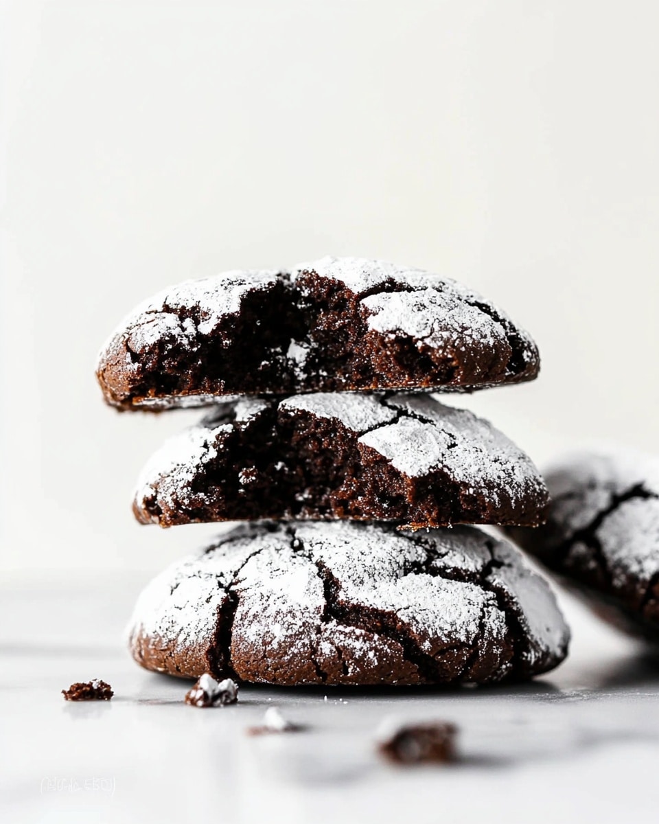 The image shows several round chocolate cookies with a cracked white powdered sugar layer on top, revealing dark brown chocolate beneath. The cookies are placed on a deep red cloth with a lace edge, creating a strong contrast against the cookies' colors. Some cookies are whole while others are broken into pieces, showing the soft texture inside. The background is a white marbled surface. photo taken with an iphone --ar 4:5 --v 6.1
