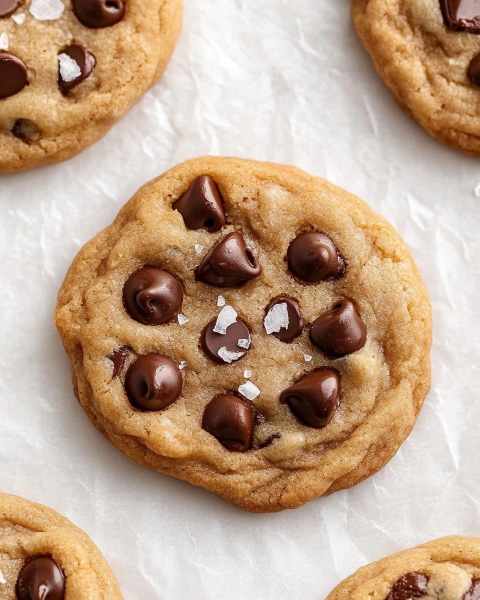 A close-up image of a thick chocolate chip cookie on a white marbled surface, featuring one large cookie with a bite taken out of it showing a soft, gooey chocolate center with dark brown chocolate chips embedded on top; the cookie has a golden-brown textured dough with a few flakes of salt visible on its surface, and blurred similar cookies are visible in the background. Photo taken with an iphone --ar 4:5 --v 6.1