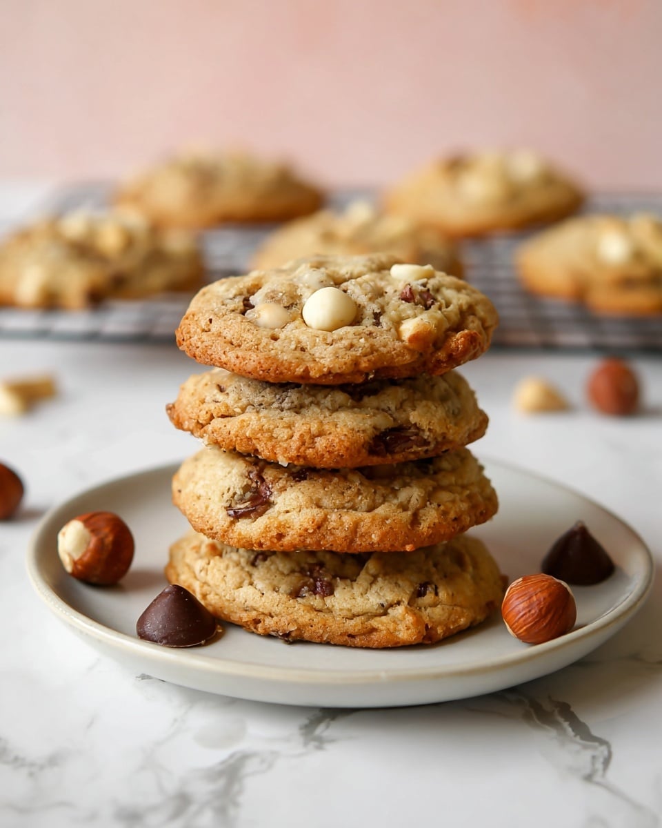 A stack of five golden-brown cookies with visible white nut pieces and darker chocolate chips, placed in the center of a white plate on a white marbled surface. The cookies have a soft, slightly uneven texture with bits of nuts and chocolate chips embedded throughout. Around the plate, whole hazelnuts and scattered chocolate chips add a natural touch. In the background, more cookies rest on a metal cooling rack, slightly out of focus. The scene is bright and clean, emphasizing the warm tones of the cookies against the white marble photo taken with an iphone --ar 4:5 --v 7