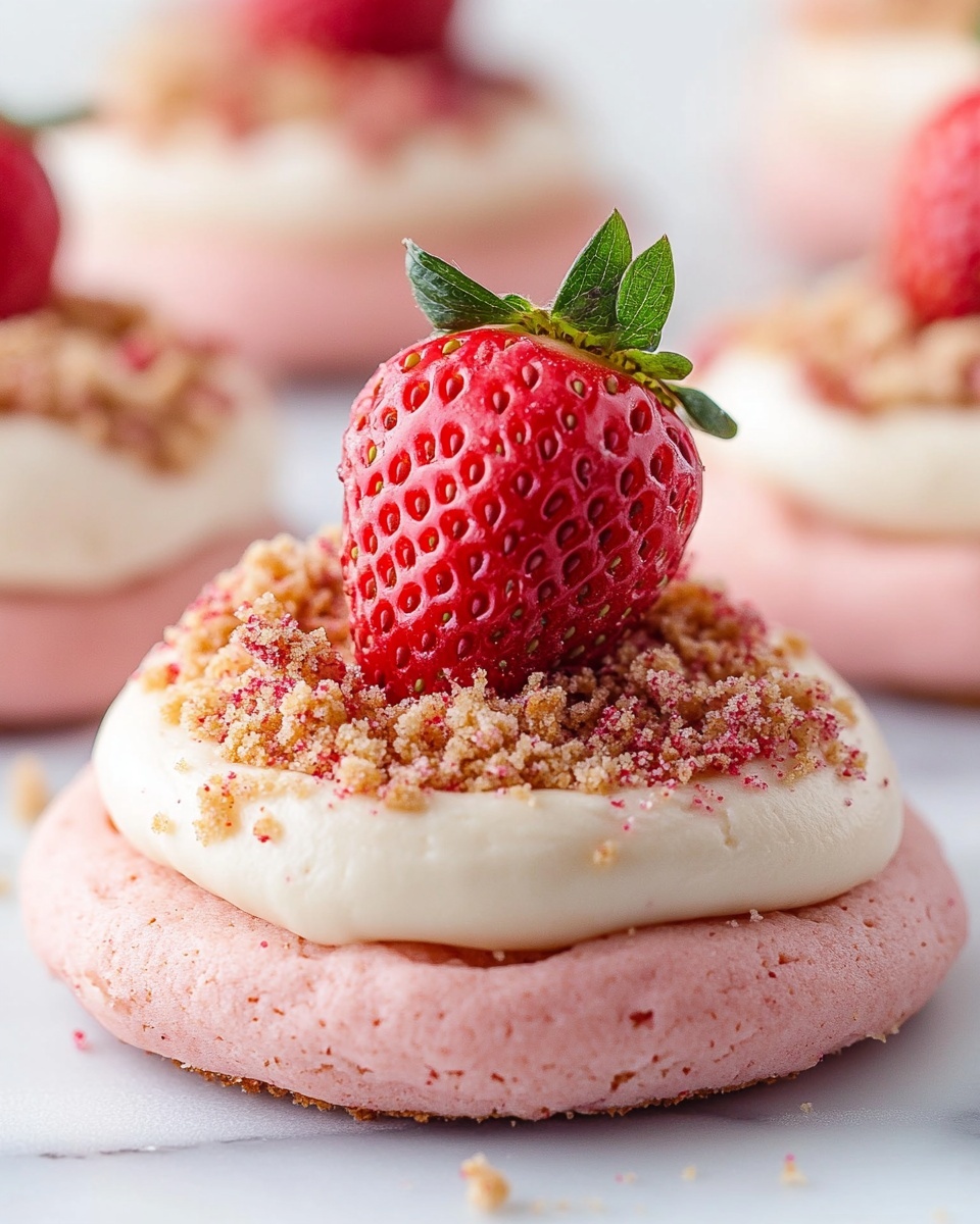 The image shows a pink soft cookie base with one thick layer of white creamy frosting on top. Over the frosting, there is a layer of crumbled red and light brown bits scattered unevenly. A bright red whole strawberry with green leaves stands upright on the crumbled topping. In the blurred background, more of these cookies are visible, placed on a white marbled surface. The texture of the cookie looks slightly rough and soft, while the frosting is smooth and creamy. Photo taken with an iphone --ar 4:5 --v 7