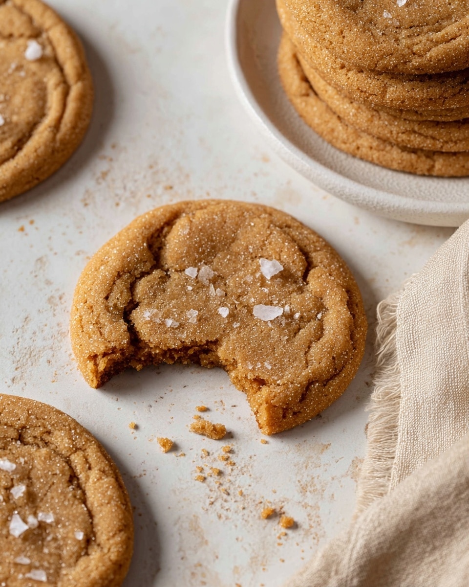 A stack of seven brown cookies with a slightly cracked, soft texture, and coarse salt flakes sprinkled on top. The cookie on top has a bite taken out, showing its tender inside. The cookies sit on a white plate that rests on a white marbled surface, with a beige cloth blurred in the background. The lighting highlights the texture and salt on the cookies, making them look fresh and delicious. photo taken with an iphone --ar 4:5 --v 7