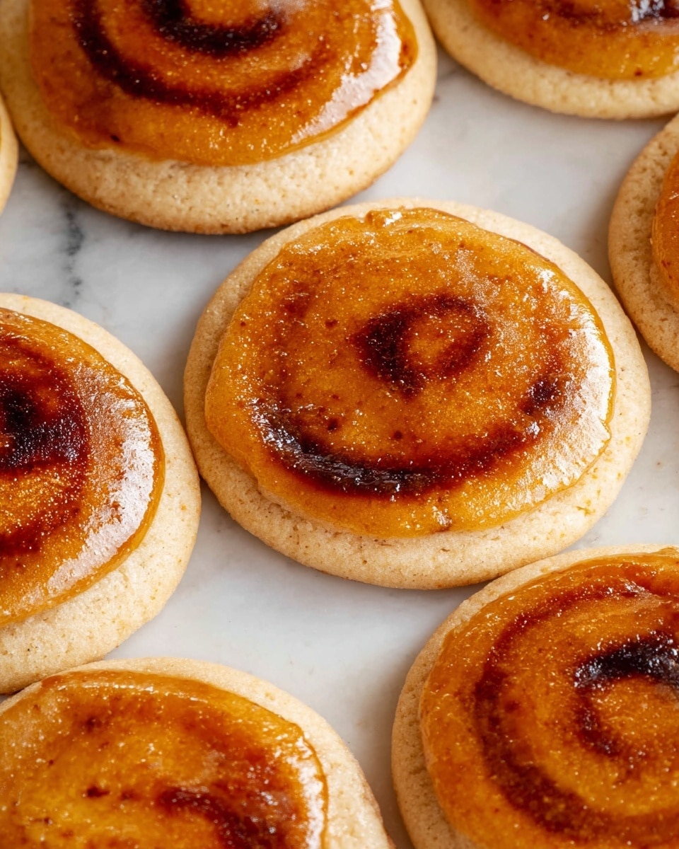 The image shows several round cookies topped with a thick, shiny layer of caramelized sugar that has a golden brown color with darker spots in a spiral-like pattern. Each cookie has a light beige base with a slightly rough texture, and the caramelized topping looks glossy and smooth. The cookies are placed close together on a white marbled surface, filling the frame with a warm, inviting color palette. photo taken with an iphone --ar 4:5 --v 7