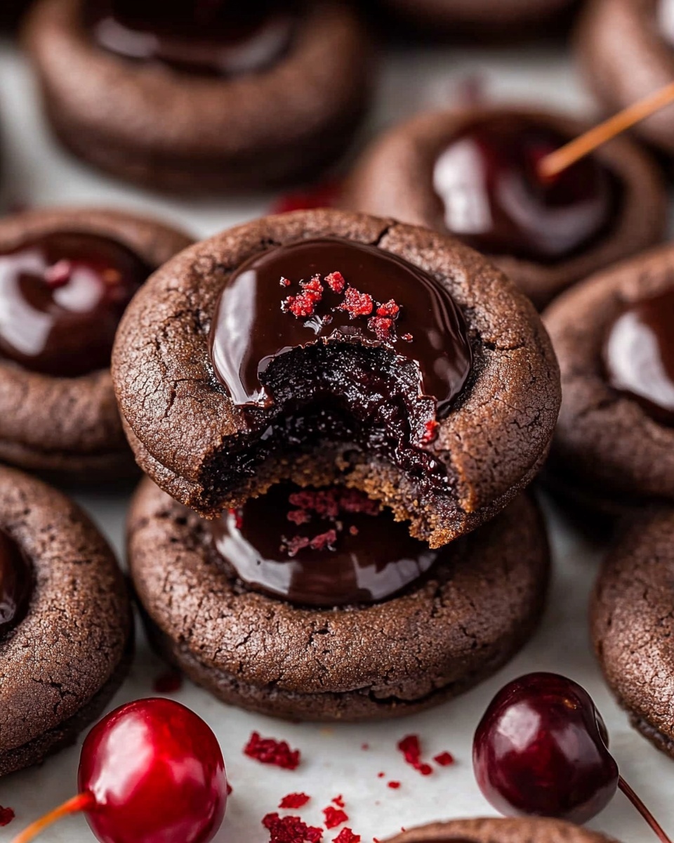 The image shows several dark brown round cookies with a soft, glossy chocolate filling in the center, some topped with small red crumbs. One cookie is broken with the melted chocolate filling spreading out. Around the cookies, there are a few deep red cherries with shiny skin and long stems. All the items sit on a wooden surface. photo taken with an iphone --ar 4:5 --v 7