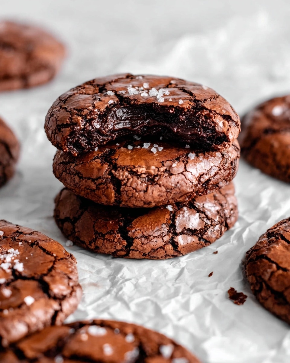The image shows a close-up of a stack of three round chocolate cookies with a cracked, shiny crust on top and a soft, rich chocolate center in the middle cookie, which has a bite taken out of it. The cookies have a dark brown color with lighter brown, crinkled textures on the crust and small grains of coarse salt sprinkled on top. Around the stack, there are several more cookies with the same cracked surface, lying on a crumpled white paper on a white marbled surface. Photo taken with an iphone --ar 4:5 --v 7