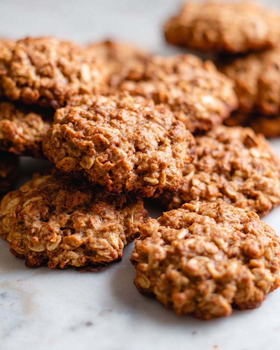 Several round oatmeal cookies with a rough, chunky texture show a mix of light and dark brown shades. Each cookie is thick with visible oats creating an uneven surface. The cookies are stacked and spread close together on a white marbled surface. Light reflects softly off the cookies' crumbly exterior, making them look fresh and soft. The image is taken close up to show details, with some cookies partly overlapping. photo taken with an iphone --ar 4:5 --v 7