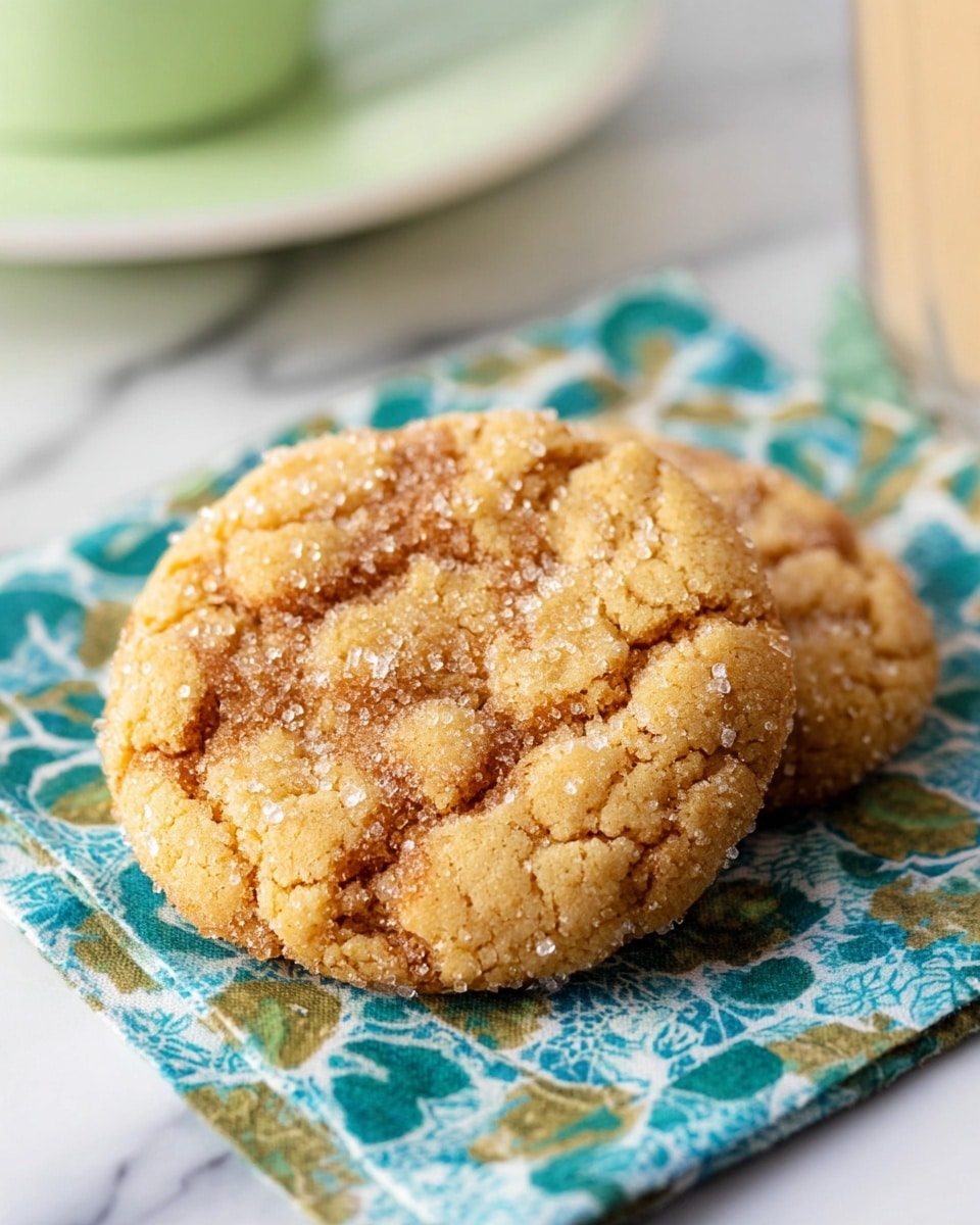 The image shows a white round cake stand holding three stacks of golden brown cookies, with each stack containing about six to seven cookies. Near the edge of the stand is one cookie lying flat, sprinkled with sugar. On the right side of the stand, there are small white flowers with yellow centers. The cake stand sits on a white marbled surface, and in the background, there are a pair of blue straws with white polka dots and a white ceramic pitcher slightly blurred. Photo taken with an iphone --ar 4:5 --v 7