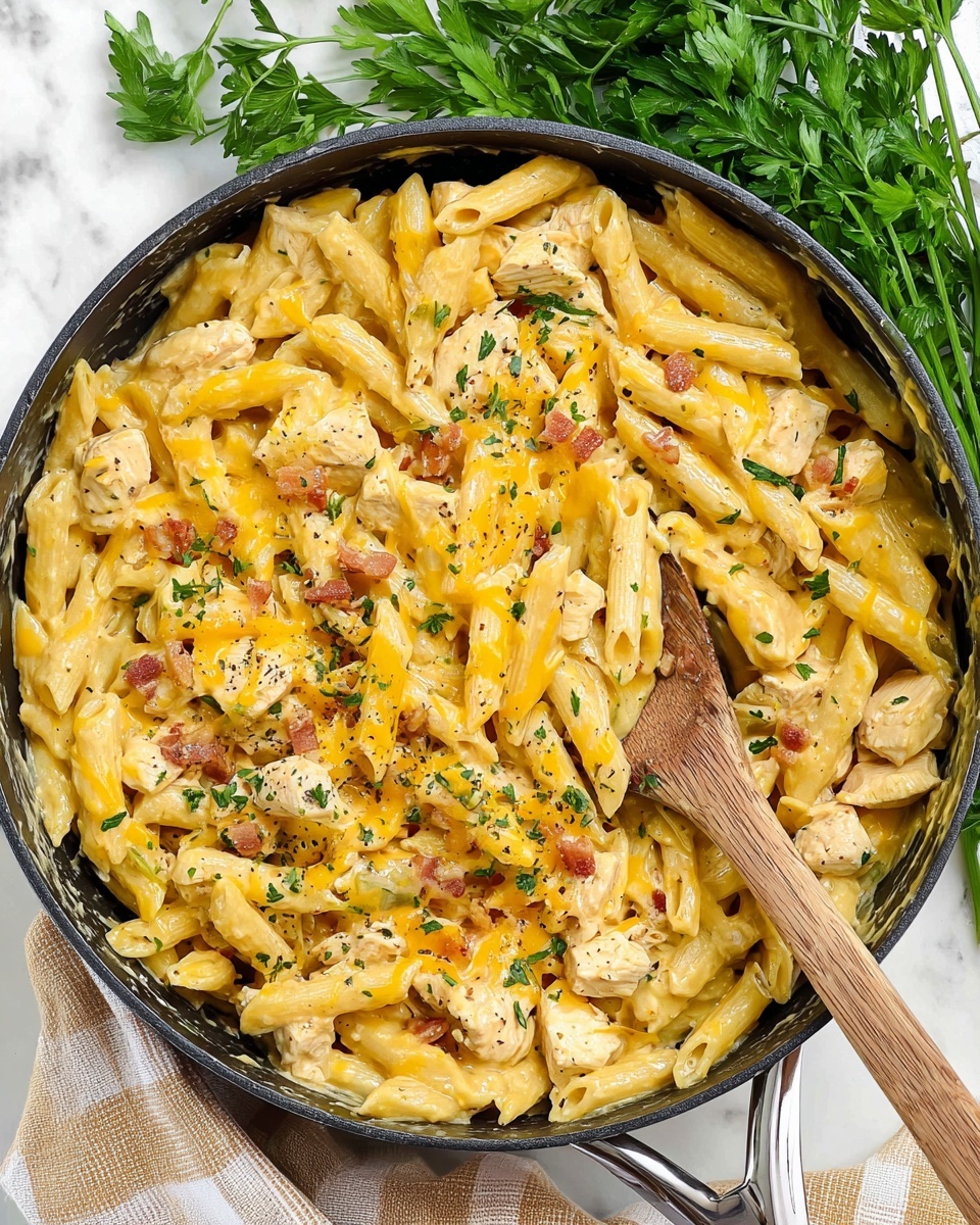 A large black pan filled with creamy cooked penne pasta mixed with pieces of white chicken and bits of bacon, all coated in melted bright yellow cheddar cheese. The pasta is sprinkled with small green parsley bits and ground black pepper, giving a mix of smooth, chunky, and textured layers. A wooden spoon is stirring the pasta in the upper right side of the pan, and fresh green parsley leaves are placed on the white marbled surface behind the pan. The pan handle is silver, and a beige and white checkered cloth is partially underneath the pan. photo taken with an iphone --ar 4:5 --v 7