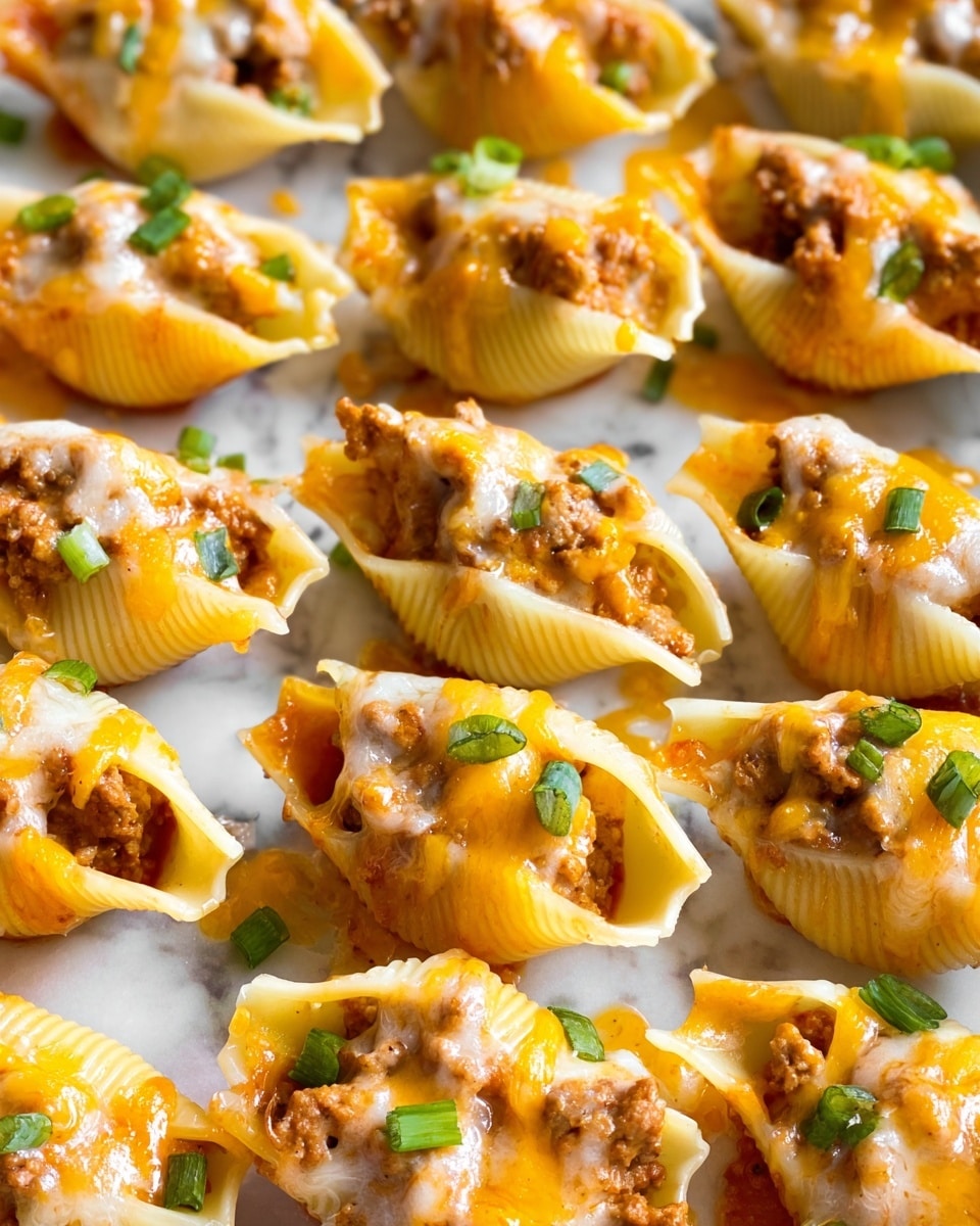 The image shows a close-up of stuffed pasta shells arranged in rows on a white marbled surface. Each shell is filled with a brown meat mixture and covered with a mix of melted yellow-orange cheddar cheese and white cheese, which slightly drips over the edges. Small pieces of chopped green onion are scattered over the shells, adding a fresh green contrast. The shells are light beige with a slightly ridged texture, and the filling is dense and crumbly. photo taken with an iphone --ar 4:5 --v 7