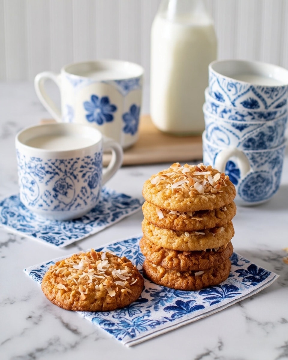 There are two stacks of round cookies on a white marbled surface, each cookie golden brown with a rough texture, topped with small crunchy bits and sprinkled with shredded coconut. One stack has three cookies on a blue and white patterned napkin with floral designs, while the other taller stack with six cookies sits on a similar napkin nearby. Behind them, there are two white cups filled with white milk, decorated with different blue patterns—one with blue flowers and the other with small blue dots. Also in the background is a tall white milk bottle with a blue floral label, and two stacked white cups with blue patterns. Photo taken with an iphone --ar 4:5 --v 7