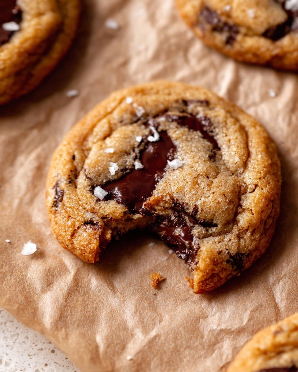 A pile of soft, round chocolate chip cookies with a light brown color and dark melted chocolate swirls on top, sprinkled with small white flakes of salt, sitting on light brown parchment paper. The cookies are stacked and overlapping, showing a textured surface with some cracks and chunks of chocolate throughout. To the left, a small white decorative pumpkin and the edge of a white bowl are visible against a white marbled background. photo taken with an iphone --ar 4:5 --v 7