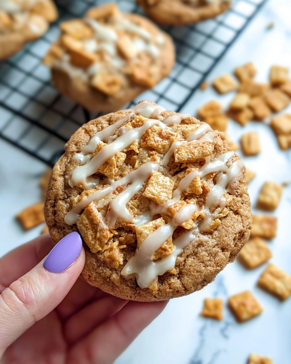 A single round cookie is held by a woman's hand with purple nail polish. The cookie has a rough, golden-brown texture with visible pieces of a crunchy cereal mixed in. It is drizzled with a light glaze that creates thin white streaks over the top. In the background, more similar cookies rest on a black cooling rack, also featuring the cereal pieces and glaze. Below the rack, loose cereal pieces spill onto a white marbled surface, adding to the scene's texture and color contrast. Photo taken with an iphone --ar 4:5 --v 7