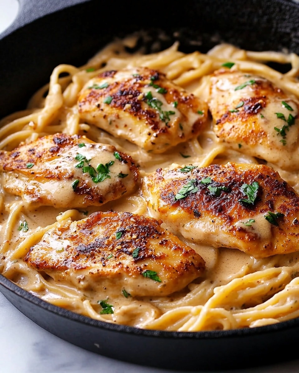 A close-up of a black cast iron pan filled with creamy pasta and four golden-brown cooked pieces of meat on top, each piece slightly glossy with sauce and sprinkled with finely chopped green herbs. The pasta has a smooth, creamy texture and is mixed evenly with the sauce, showing a light brown color. The pan sits on a warm brown wooden surface. photo taken with an iphone --ar 4:5 --v 7