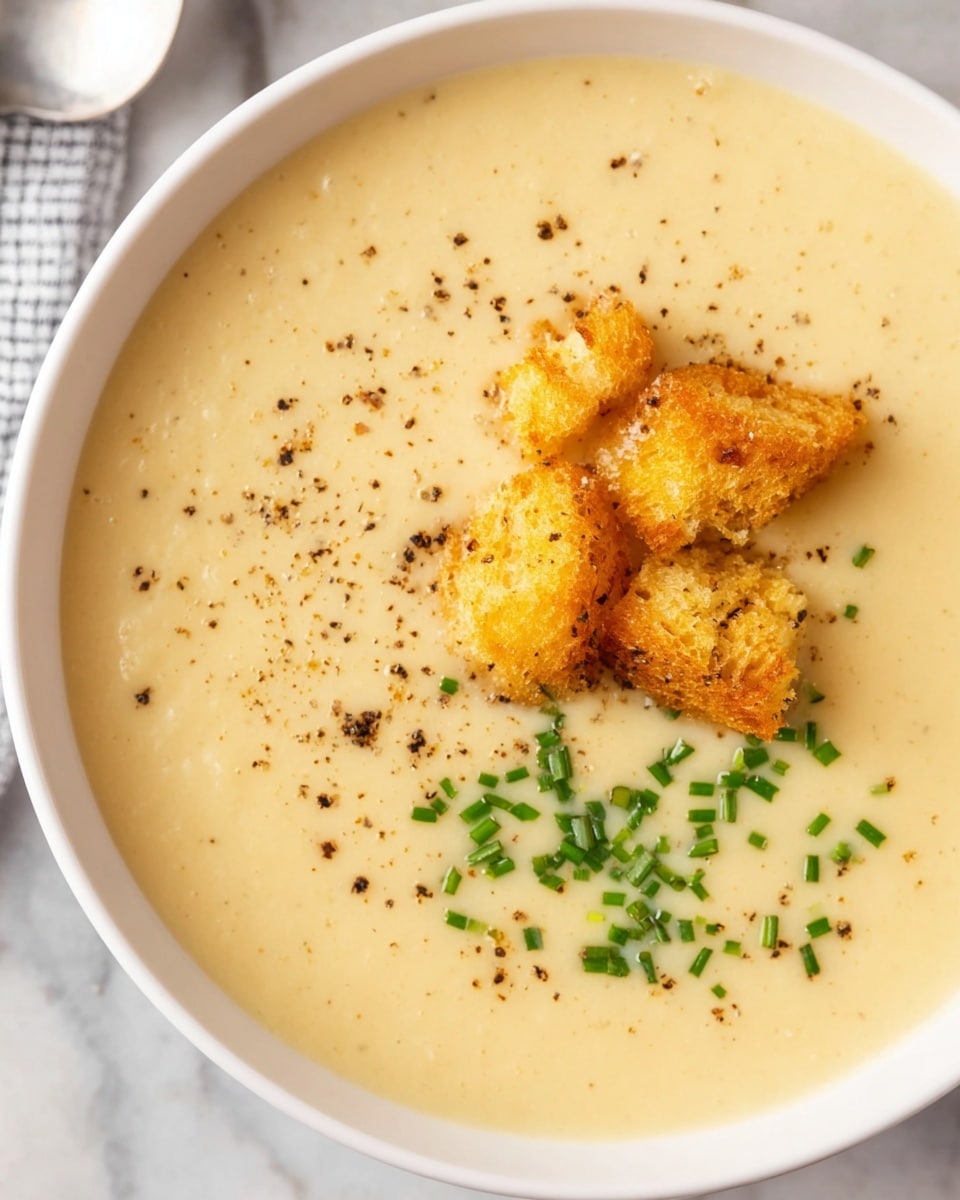 A bowl of creamy light beige soup fills most of a white bowl, sitting on a white marbled surface with a blue and white striped cloth nearby. On top of the soup, there are three golden-brown croutons clustered in the center. To the right of the croutons are small, bright green chopped chives. Above the croutons there is a sprinkle of black pepper and other fine seasonings, creating a light speckled pattern on the soup surface. Photo taken with an iphone --ar 4:5 --v 7