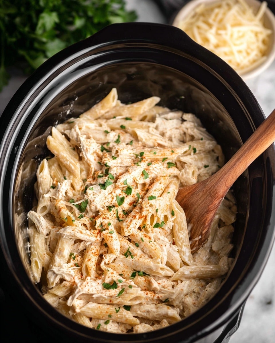 A white bowl filled with three layers of creamy penne pasta coated evenly in a light beige cheese sauce, sprinkled with small bits of green parsley and a slight dusting of orange spices on top, placed on a white marbled surface with a blurred silver fork and a dark grey cloth in the background, showing a close-up view of the pasta's smooth and slightly textured surface. photo taken with an iphone --ar 4:5 --v 7