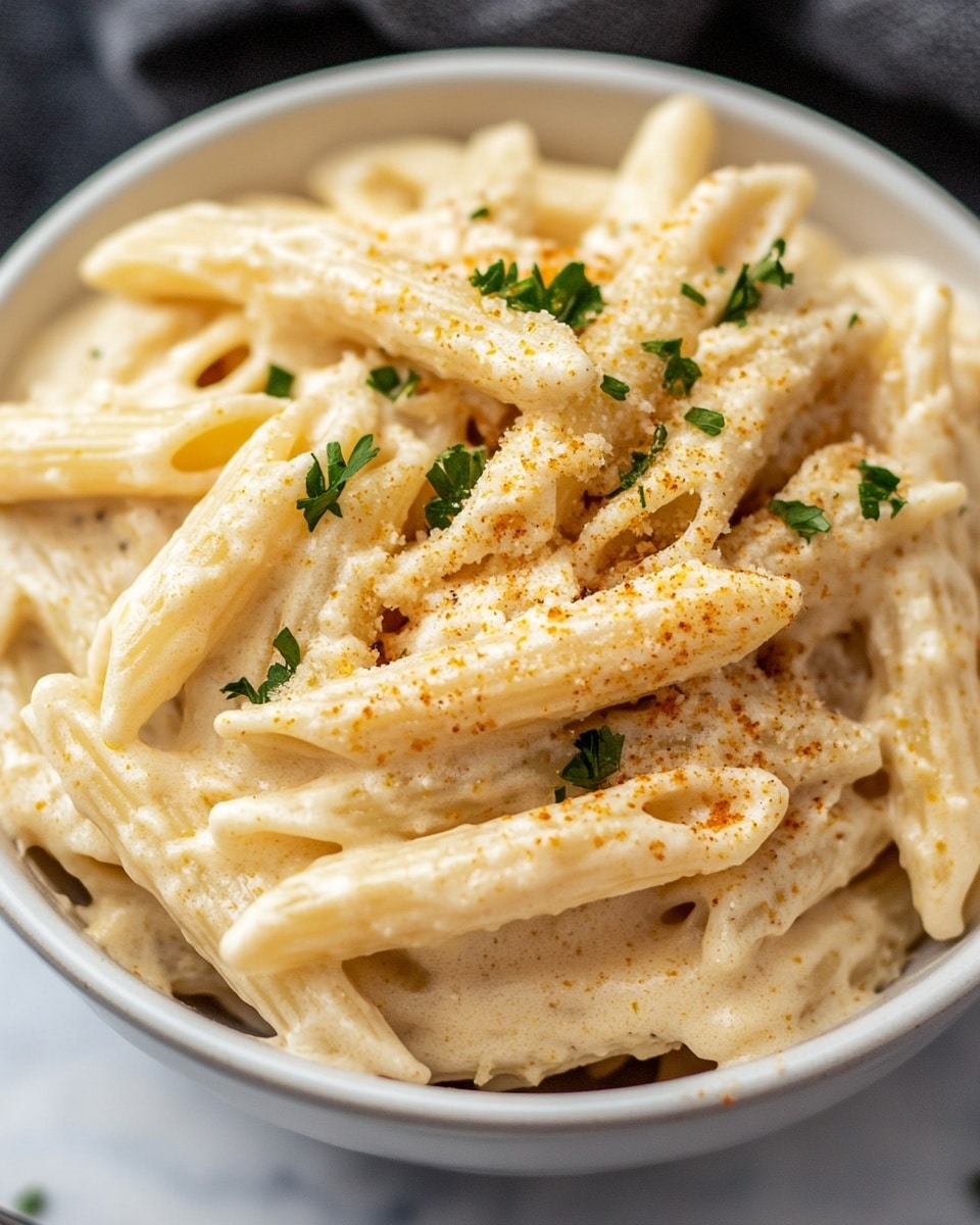 The image shows a close-up of creamy pasta inside a black slow cooker. There are two main layers: the bottom layer is cooked penne pasta with a light cream sauce, and the top layer consists of shredded white chicken mixed in, both sprinkled with small bits of green herbs and a dusting of reddish-orange spice. A wooden spoon with a smooth brown handle is placed in the middle, partly covered by the pasta. The slow cooker has a shiny black interior, and the background is a white marbled texture. Photo taken with an iphone --ar 4:5 --v 7