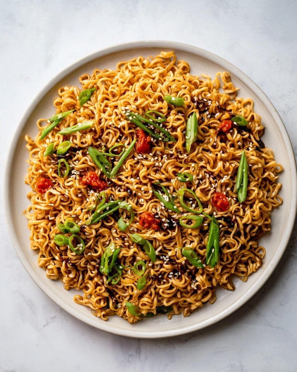 A close-up view shows a bowl full of light brown noodles mixed with bright green sliced scallions and small white sesame seeds scattered on top. Dark brown chopsticks hold some noodles in the middle of the bowl, dipping into the textured spaghetti-like strands. Spots of red sauce or chili pieces add little pops of color over the dish. The bowl is white and sits on a white marbled surface. The textures of the noodles look soft and slightly shiny beside the fresh scallions photo taken with an iphone --ar 4:5 --v 7