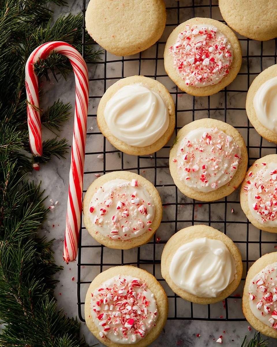 The image shows a cooling rack filled with two types of round cookies on a white marbled surface. There are soft light beige cookies with a layer of smooth white frosting on top, and some of these frosted cookies are sprinkled with crushed red and white peppermint candies, adding a festive touch. The cookies without frosting are plain with a slightly rough texture. A red and white striped candy cane leans against the cooling rack, and green pine branches frame the edges, giving a holiday feel. photo taken with an iphone --ar 4:5 --v 7