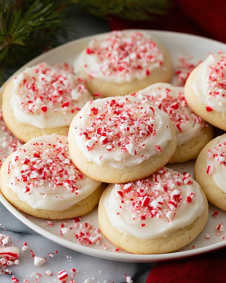 The image shows a group of round sugar cookies with two kinds of topping. Each cookie has a soft yellow base layer with a smooth white frosting layer on top. Some cookies are covered with crushed red and white peppermint candy pieces, adding a textured, colorful layer on top of the frosting. A few cookies have only smooth white frosting without the peppermint pieces. The cookies are placed closely together on a white marbled surface with a few small pine green leaves visible in the corner, giving a festive feel. Photo taken with an iphone --ar 4:5 --v 7