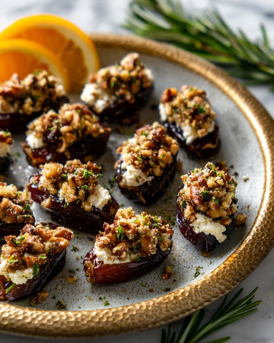 The dish shows about twelve dark brown dates cut open and filled with a white soft cheese layer inside. On top of the cheese, there is a layer of chopped nuts mixed with herbs, giving a rough and textured look with a mix of light brown and green colors. The dates are placed on a round white plate with a metallic gold finish that has a hammered texture. Small sprigs of fresh green rosemary are scattered around the plate, and a slice of orange with white pith is visible near the edge, placed on a white marbled surface. Photo taken with an iphone --ar 4:5 --v 7